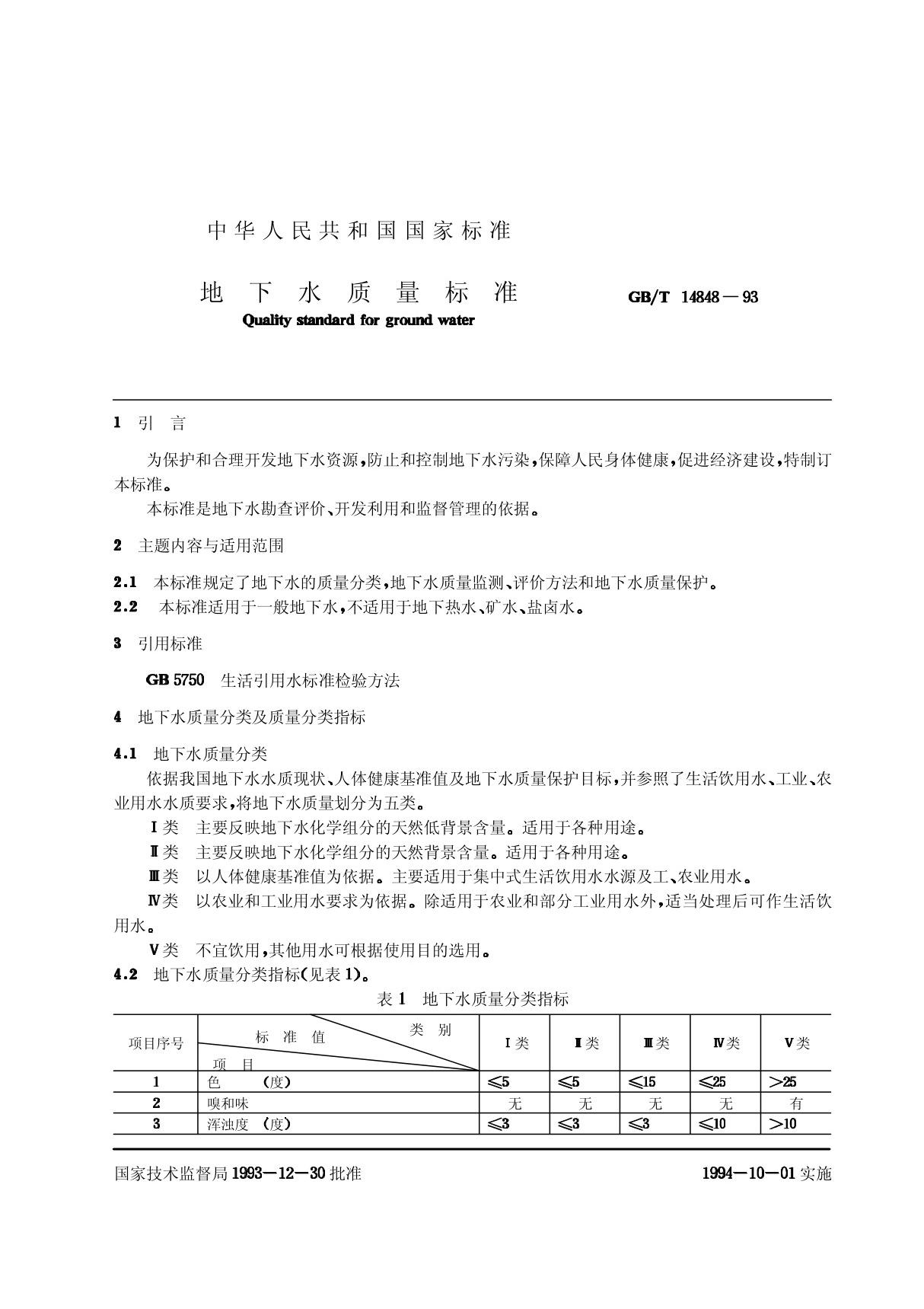 GB14848地下水质标准