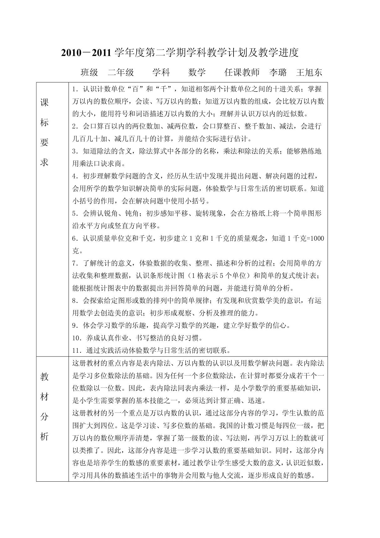 二年级数学下教学计划