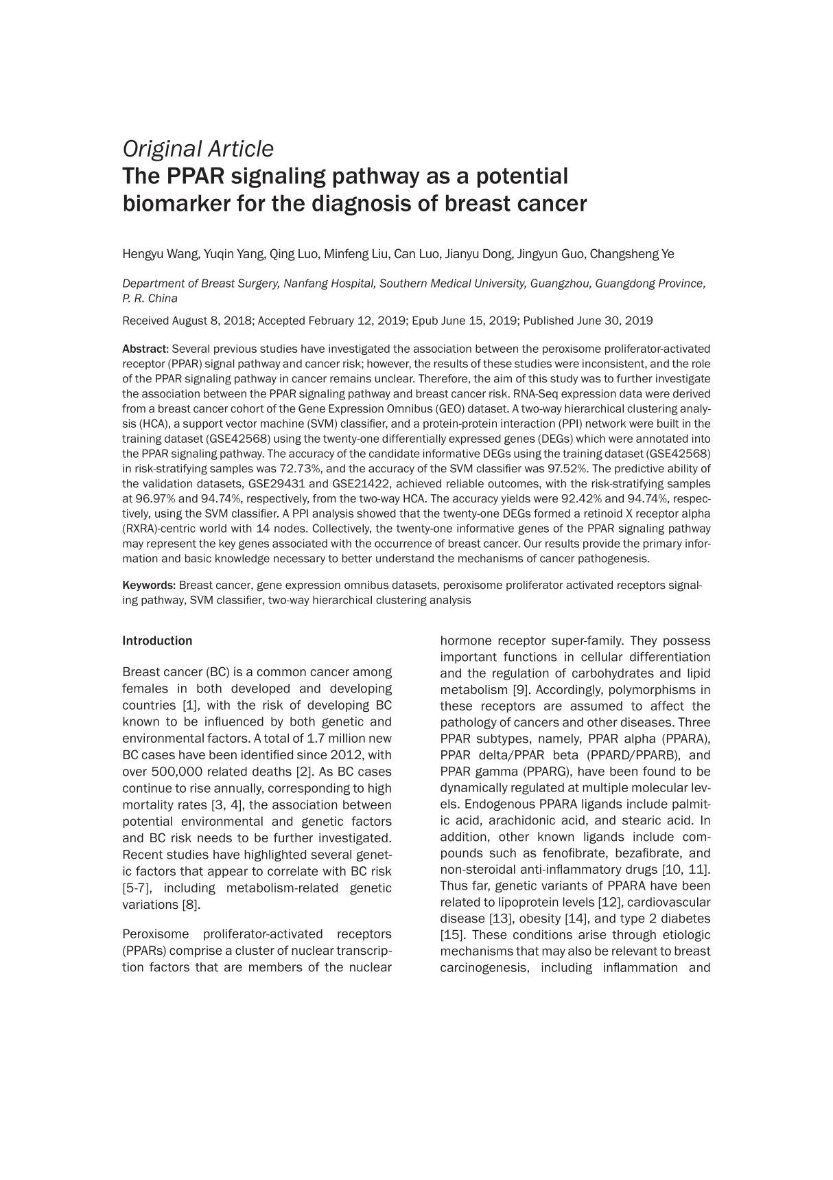 The PPAR signaling pathway as a potential biomarker for the diagnosis of breast cancer  by Hengyu Wang, Yuqin Yang, Qing Luo,