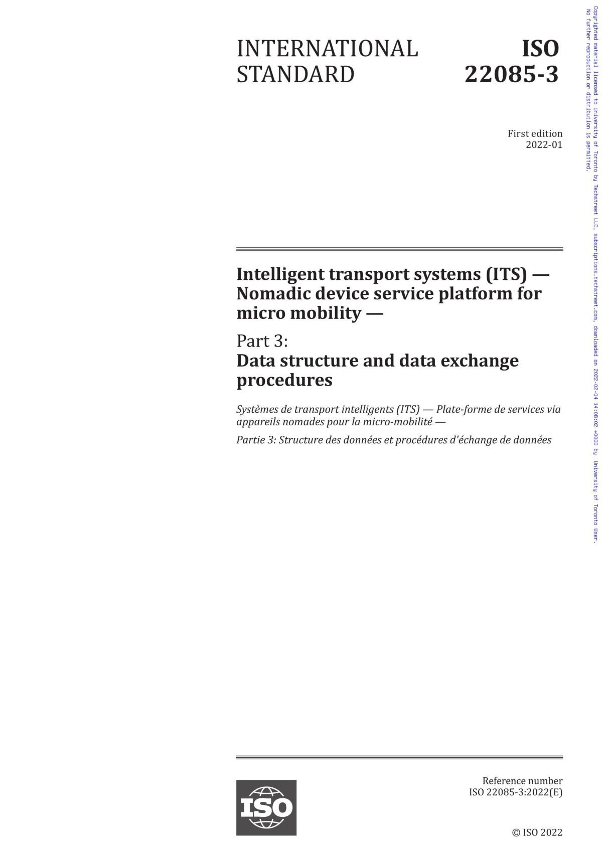 ISO 22085-3-2022 Intelligent transport systems (ITS) - Nomadic device service platform for micro mobility - Part 3  Data structu