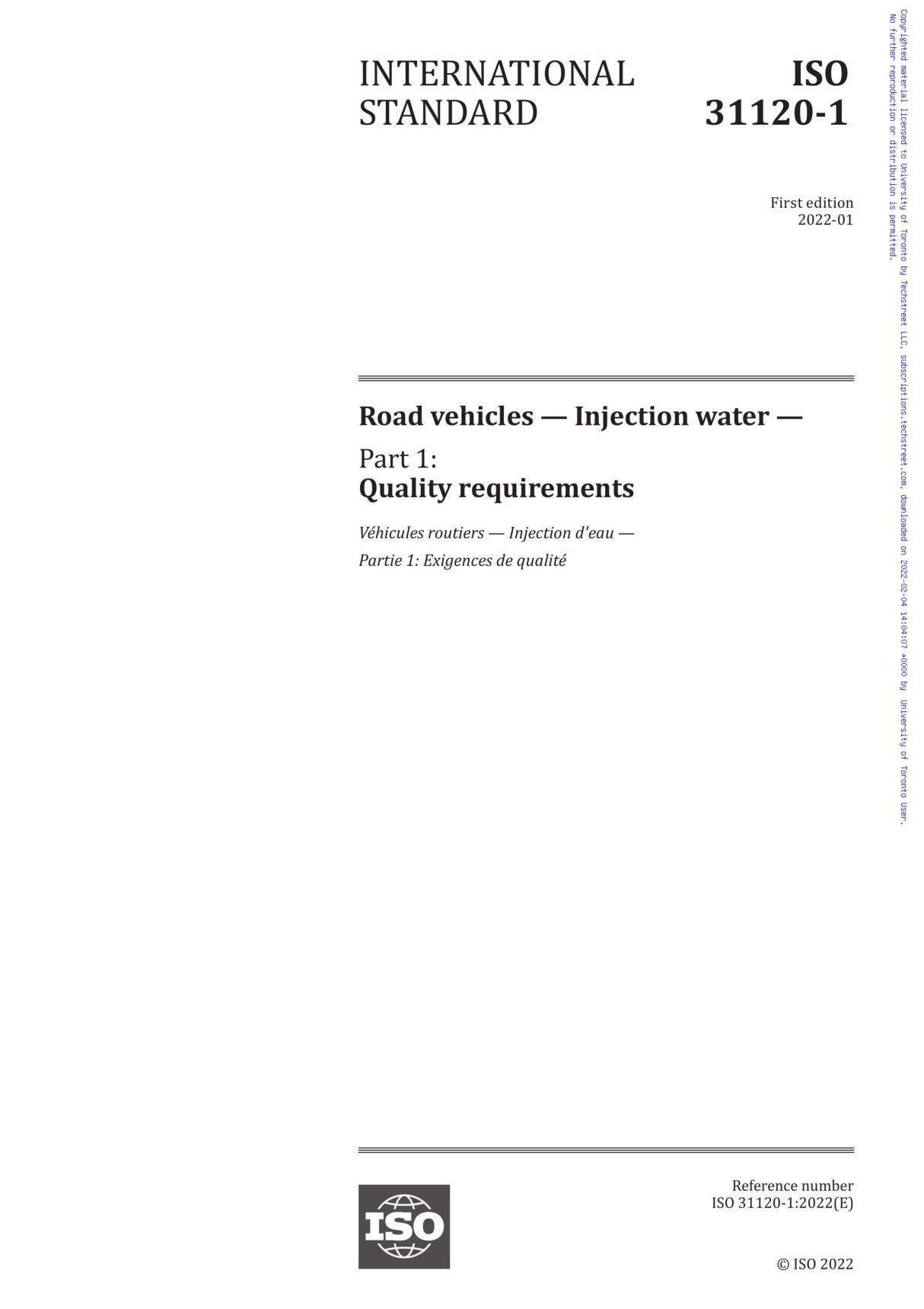 ISO 31120-1-2022 Road vehicles - Injection water - Part 1  Quality requirements