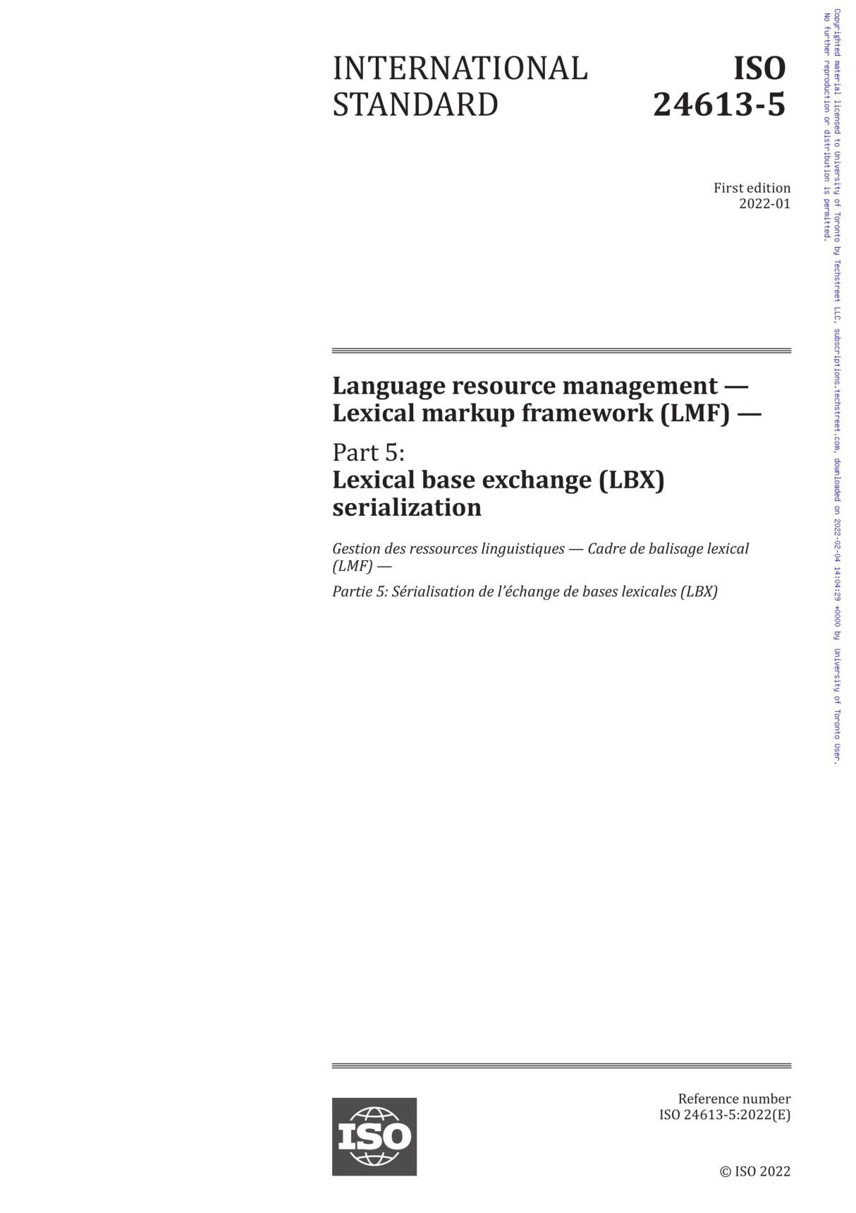 ISO 24613-5-2022 Language resource management - Lexical markup framework (LMF) - Part 5  Lexical base exchange (LBX) serializati