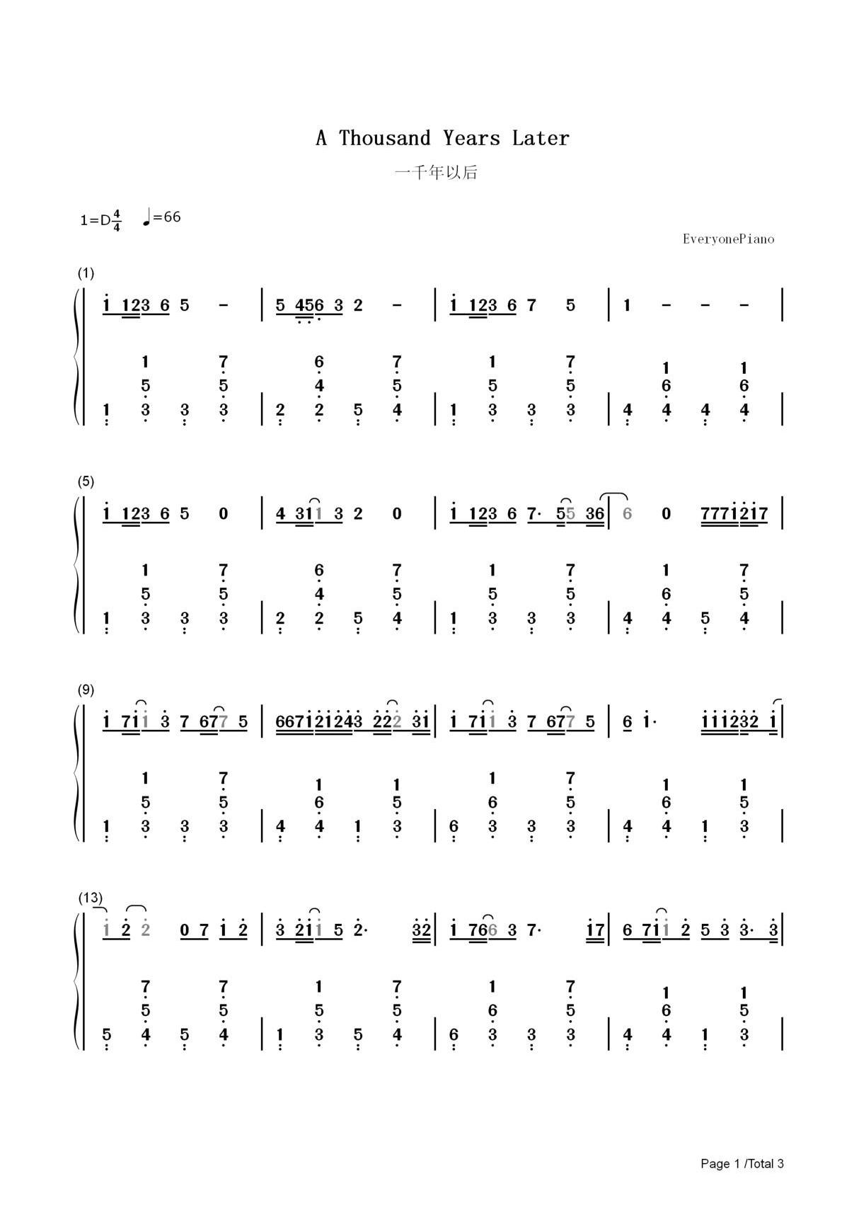 钢琴谱 一千年以后-林俊杰 双手简谱 共3张(全)