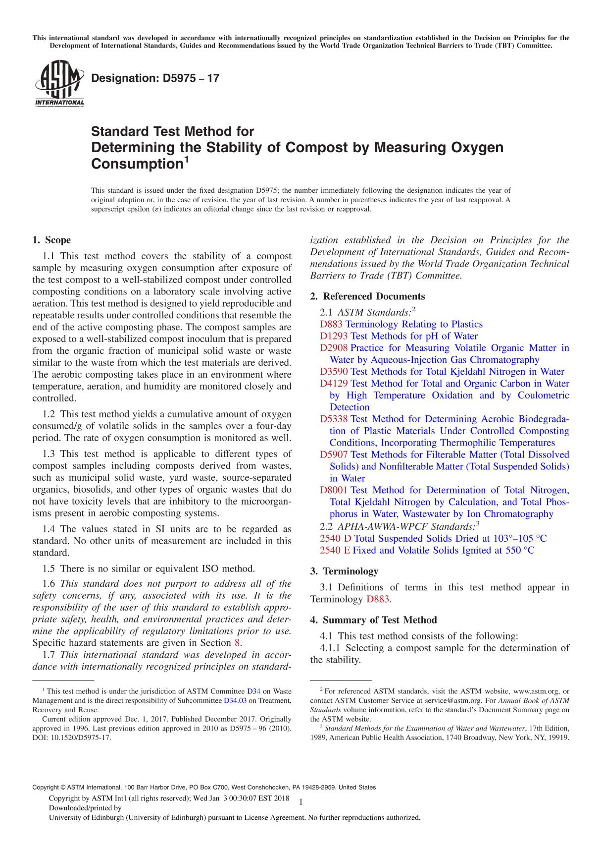 ASTM D5975-17 Standard Test Method for Determining the Stability of Compost by Measuring Oxygen Consumption