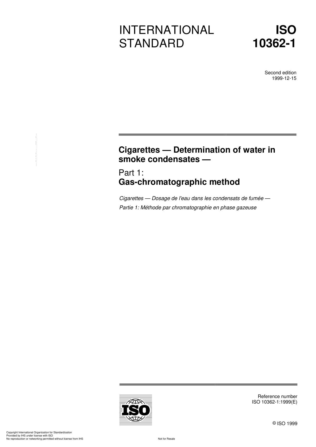 ISO 10362-1 Cigarettes  Determination of water in smoke condensate