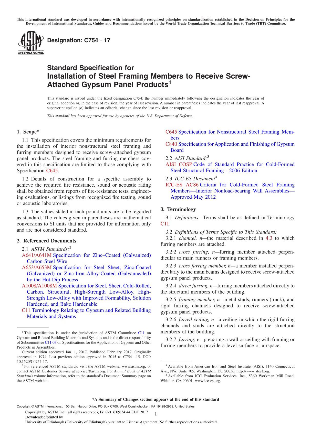 ASTM C754-17 Standard Specification for Installation of Steel Framing Members to Receive Screw-Attached Gypsum Panel Product