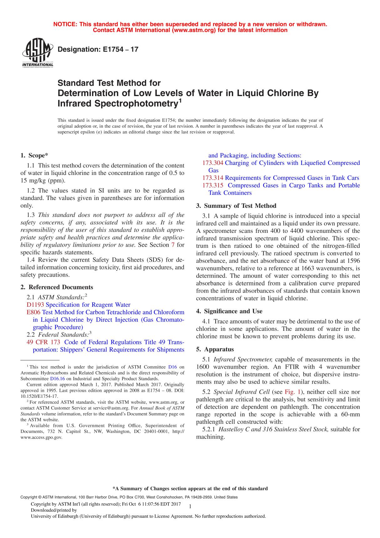 ASTM E1754 - 17 Standard Test Method for Determination of Low Levels of Water in Liquid Chlorine By Infrared Spectrophotometry