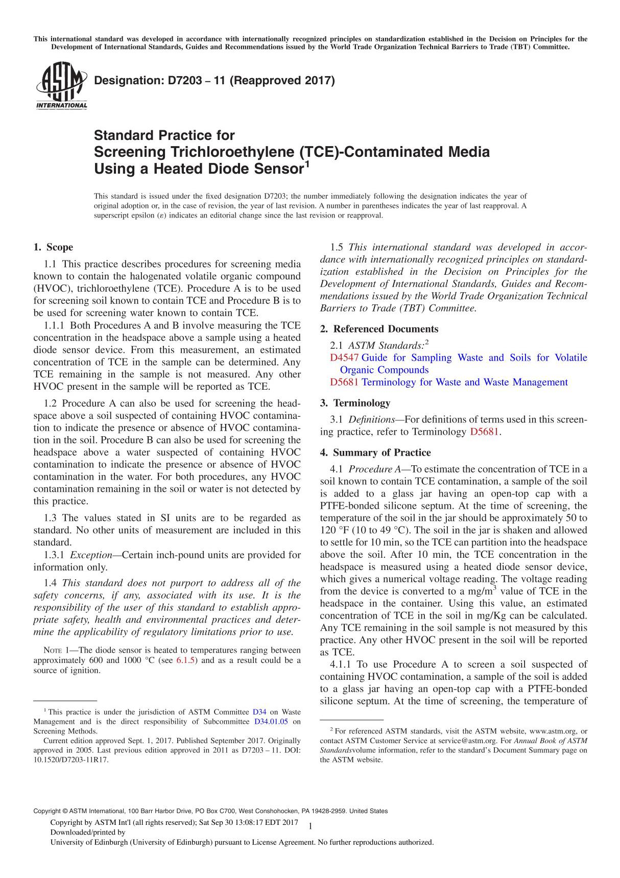 ASTM D7203-11(2017) Standard Practice for Screening Trichloroethylene (TCE)-Contaminated Media Using a Heated Diode Sensor