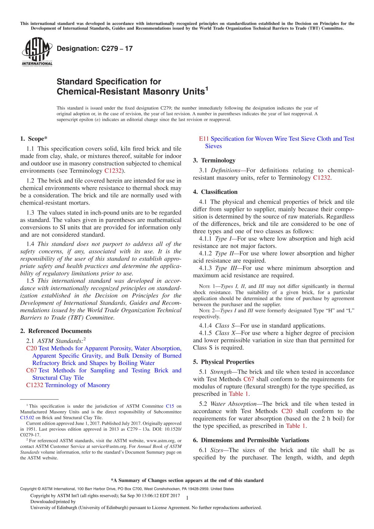 ASTM C279-17 Standard Specification for Chemical-Resistant Masonry Unit