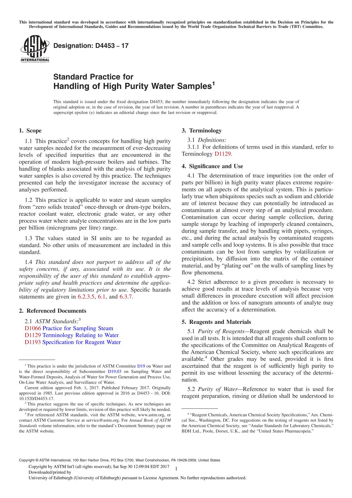 ASTM D4453-17 Standard Practice for Handling of High Purity Water Sample