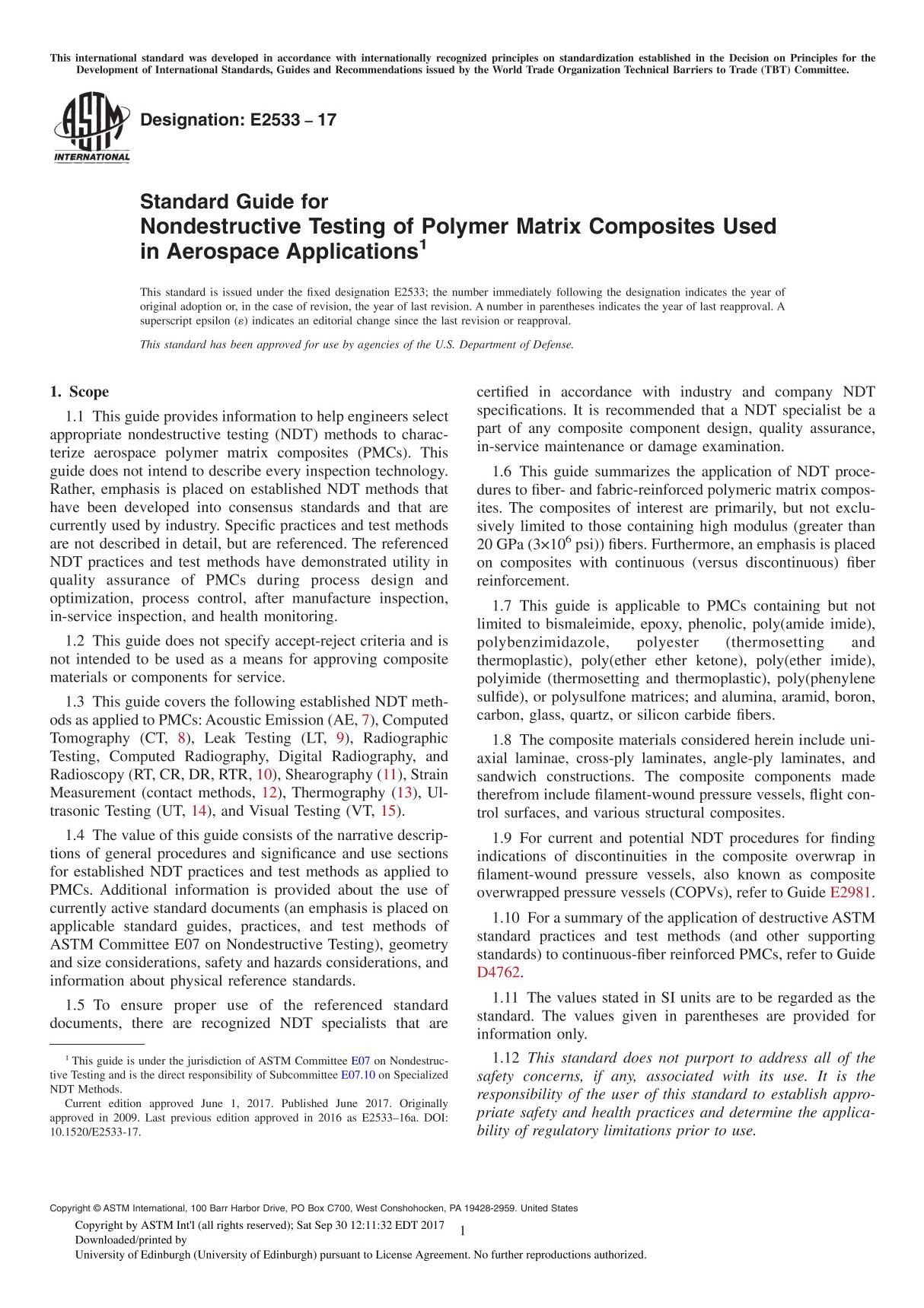 ASTM E2533-17 Standard Guide for Nondestructive Testing of Polymer Matrix Composites Used in Aerospace Application