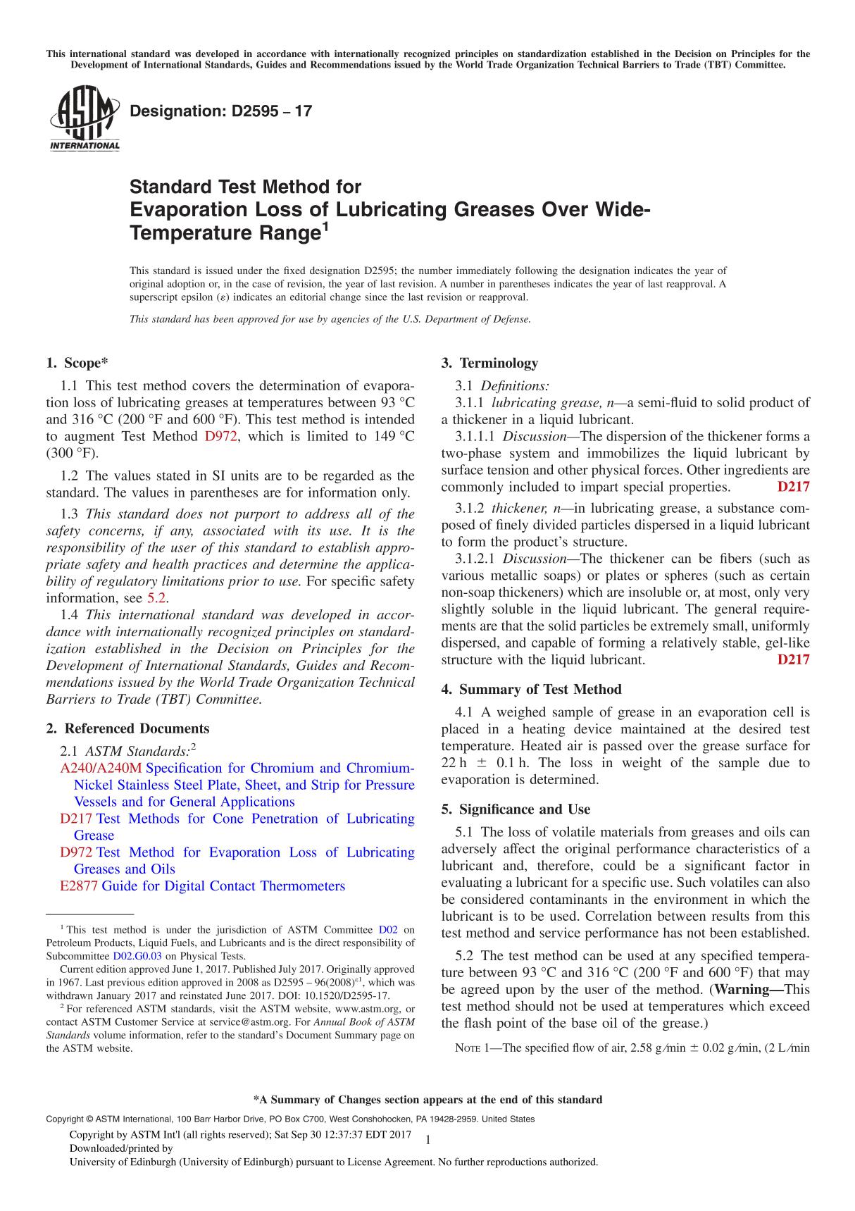 ASTM D2595-17 Standard Test Method for Evaporation Loss of Lubricating Greases Over Wide-Temperature Range