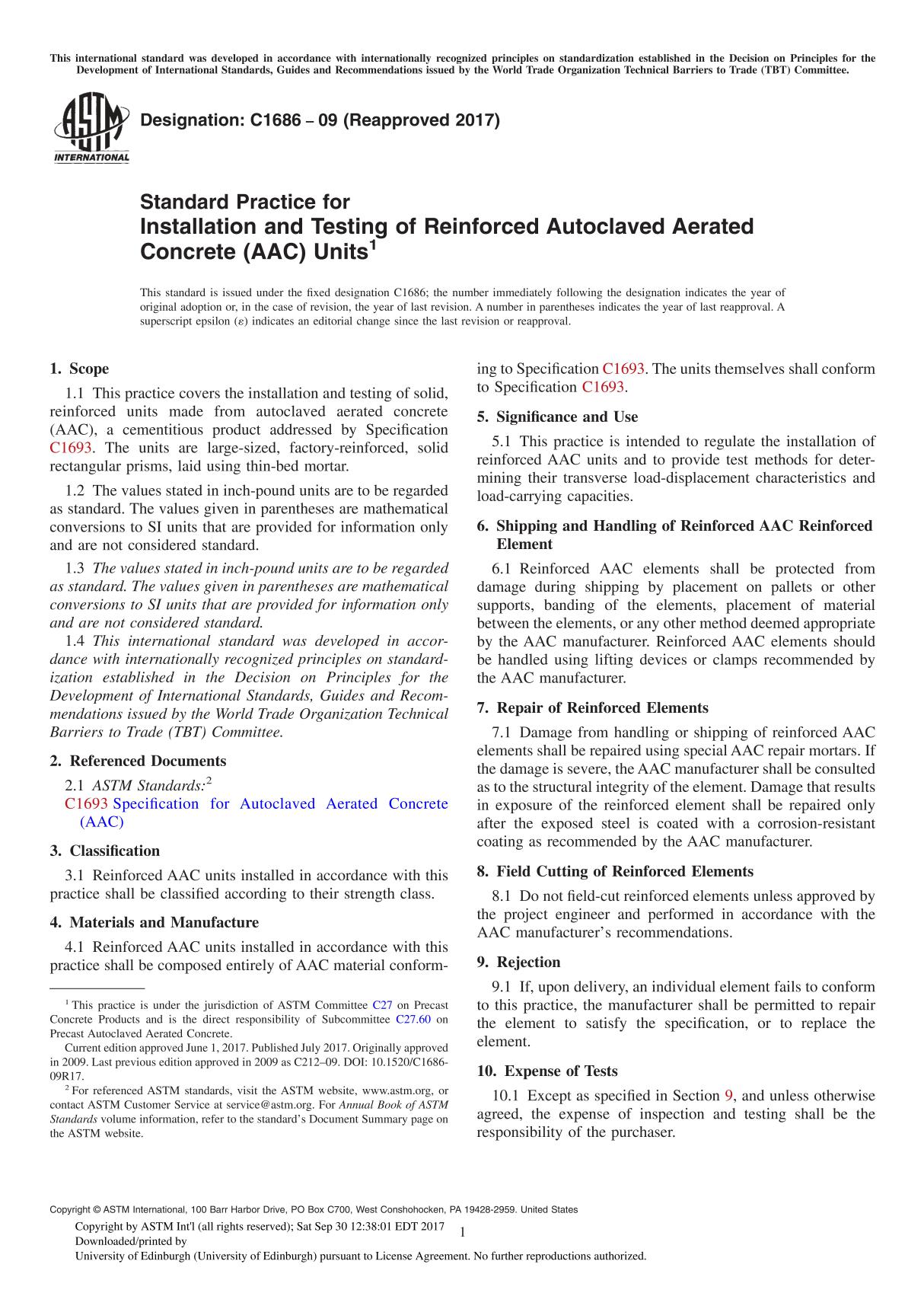 ASTM C1686-09(2017) Standard Practice for Installation and Testing of Reinforced Autoclaved Aerated Concrete (AAC) Unit