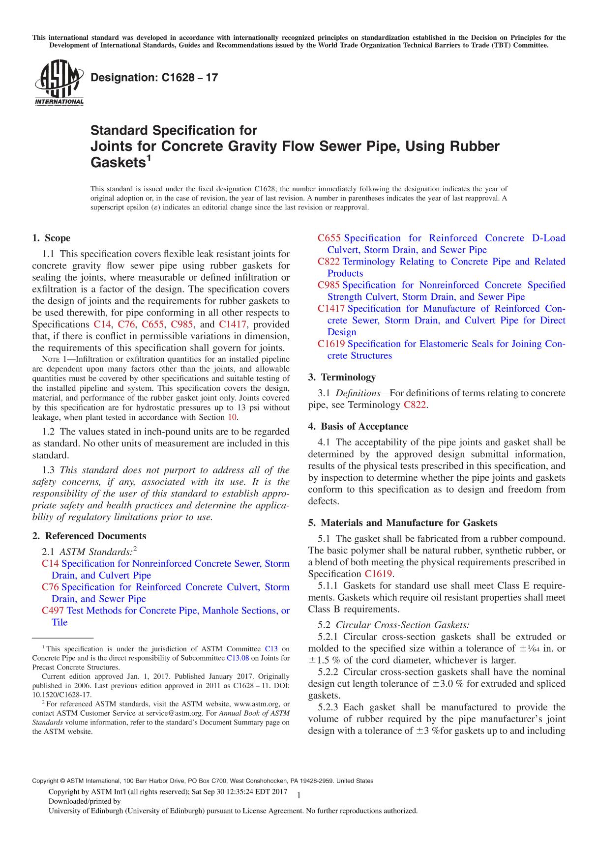 ASTM C1628-17 Standard Specification for Joints for Concrete Gravity Flow Sewer Pipe, Using Rubber Gasket