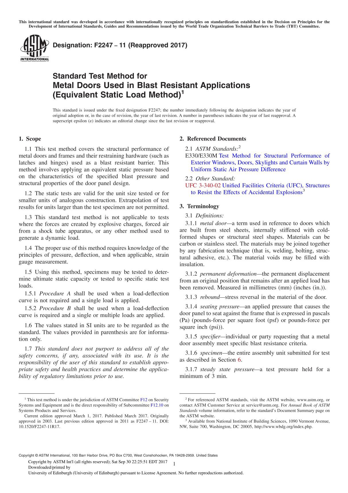 ASTM F2247-11(2017) Standard Test Method for Metal Doors Used in Blast Resistant Applications (Equivalent Static Load Method)