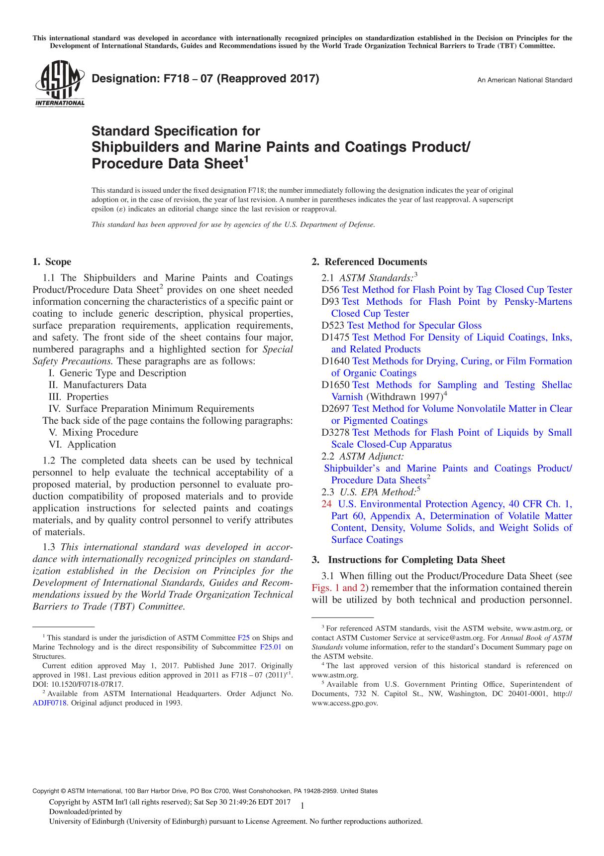 ASTM F718-07(2017) Standard Specification for Shipbuilders and Marine Paints and Coatings ProductProcedure Data Sheet