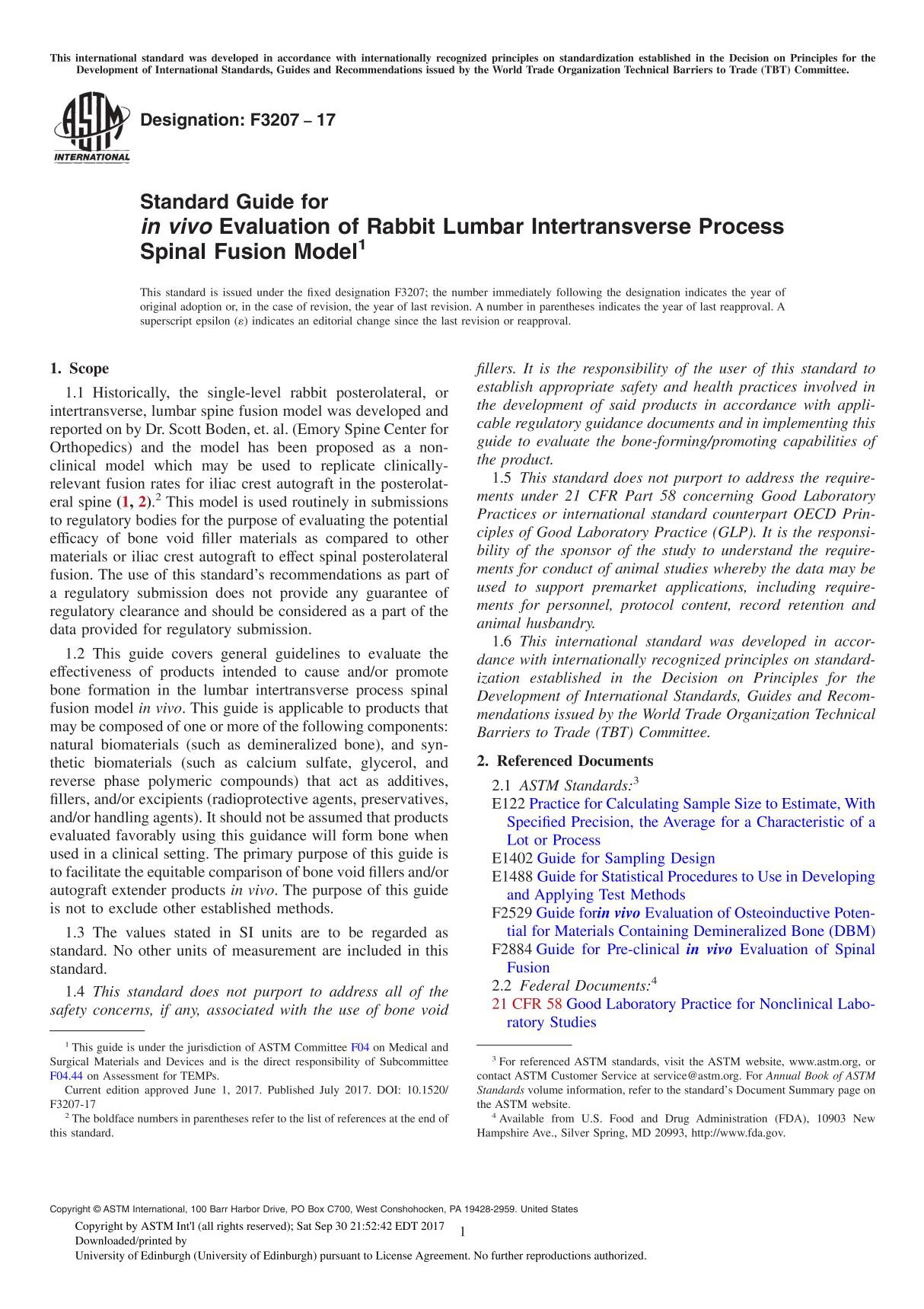 ASTM F3207-17 Standard Guide for in vivo Evaluation of Rabbit Lumbar Intertransverse Process Spinal Fusion Model