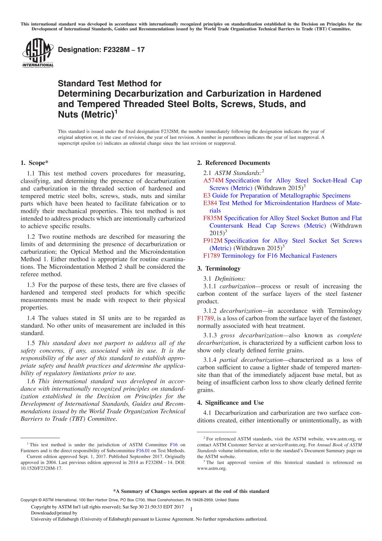 ASTM F2328M-17 Standard Test Method for Determining Decarburization and Carburization in Hardened and Tempered Threaded Steel Bo