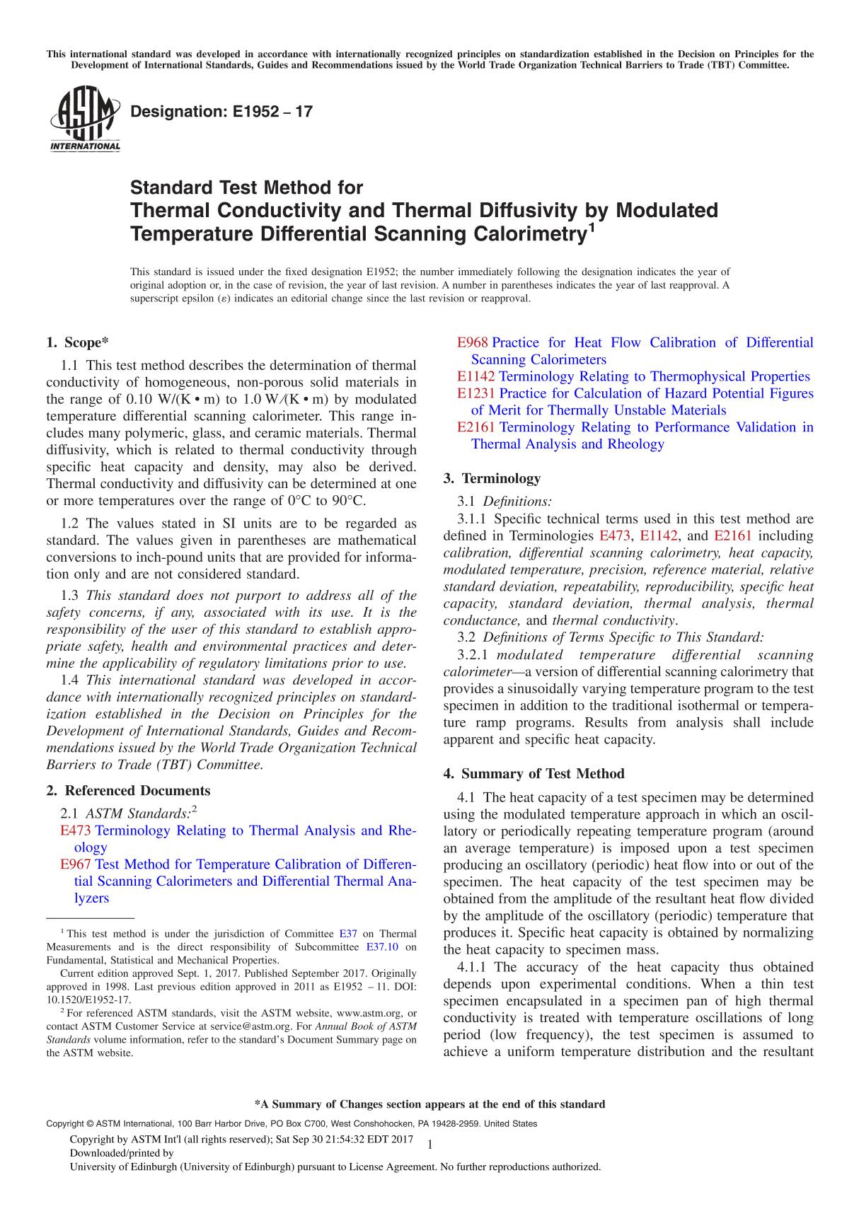 ASTM E1952-17 Standard Test Method for Thermal Conductivity and Thermal Diffusivity by Modulated Temperature Differential Scanni