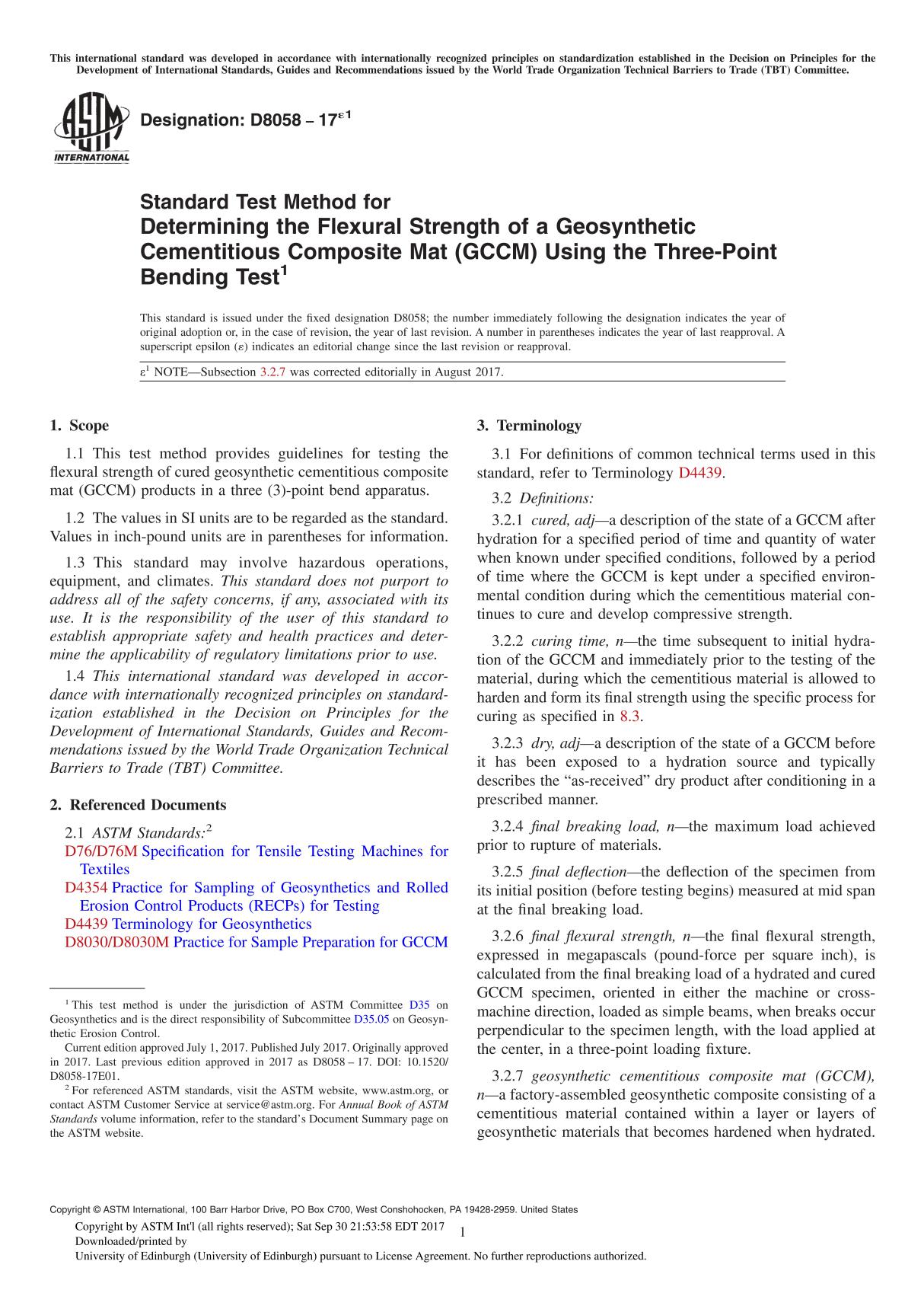 ASTM D8058-17e1 Standard Test Method for Determining the Flexural Strength of a Geosynthetic Cementitious Composite Mat (GCCM) U