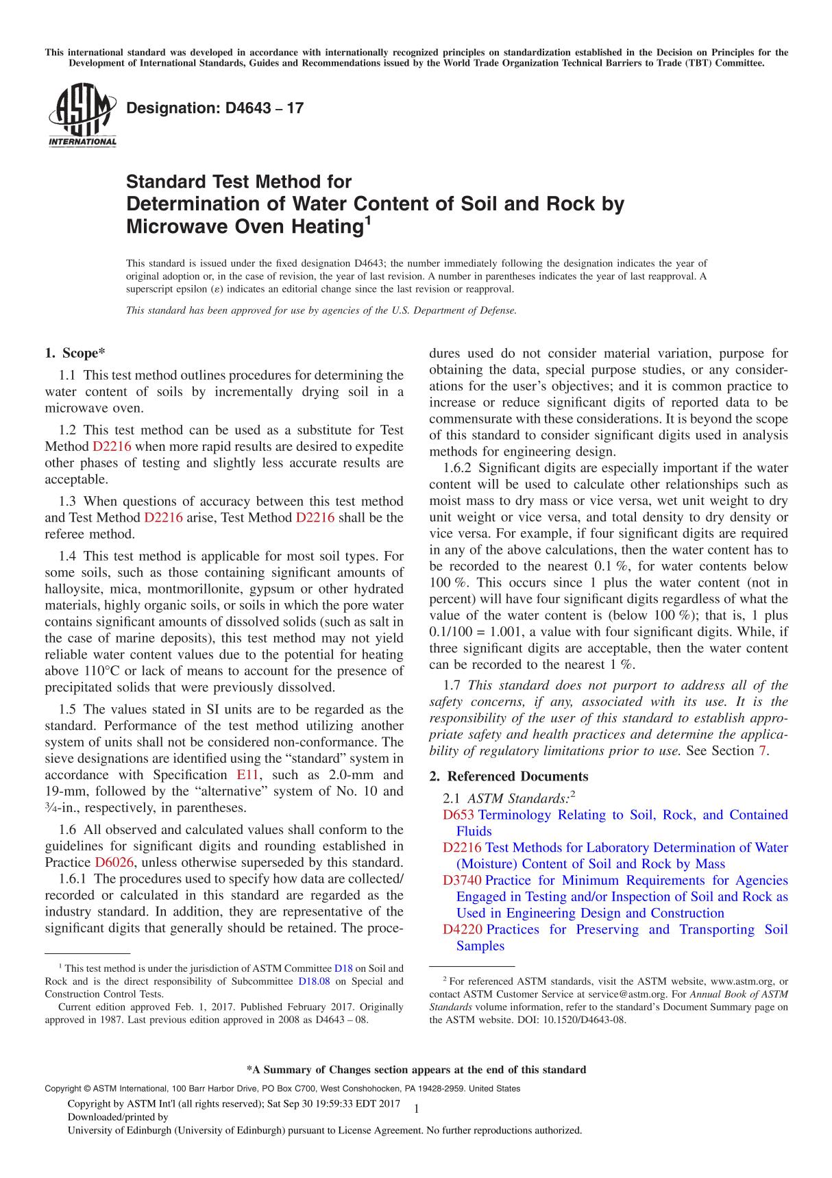 ASTM D4643-17 Standard Test Method for Determination of Water Content of Soil and Rock by Microwave Oven Heating