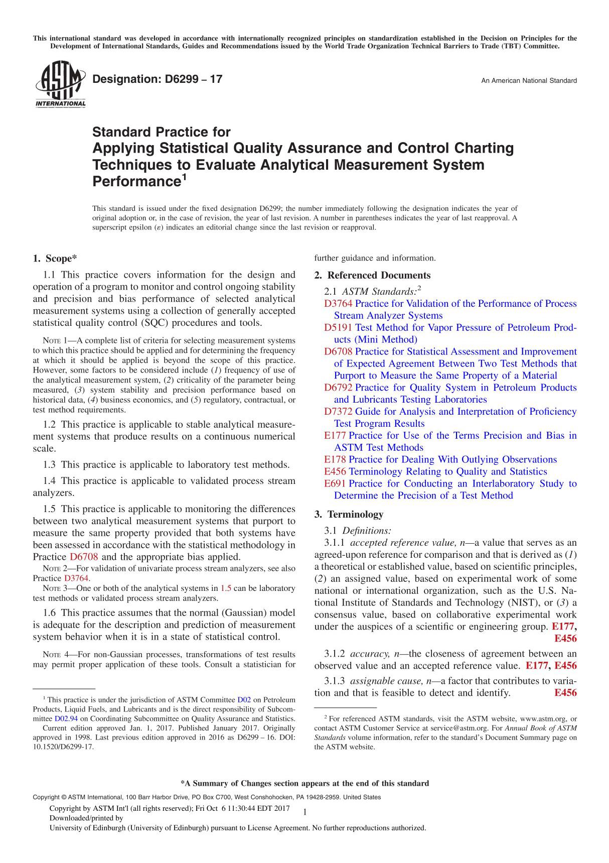 ASTM D6299-17 Standard Practice for Applying Statistical Quality Assurance and Control Charting Techniques to Evaluate Analytica