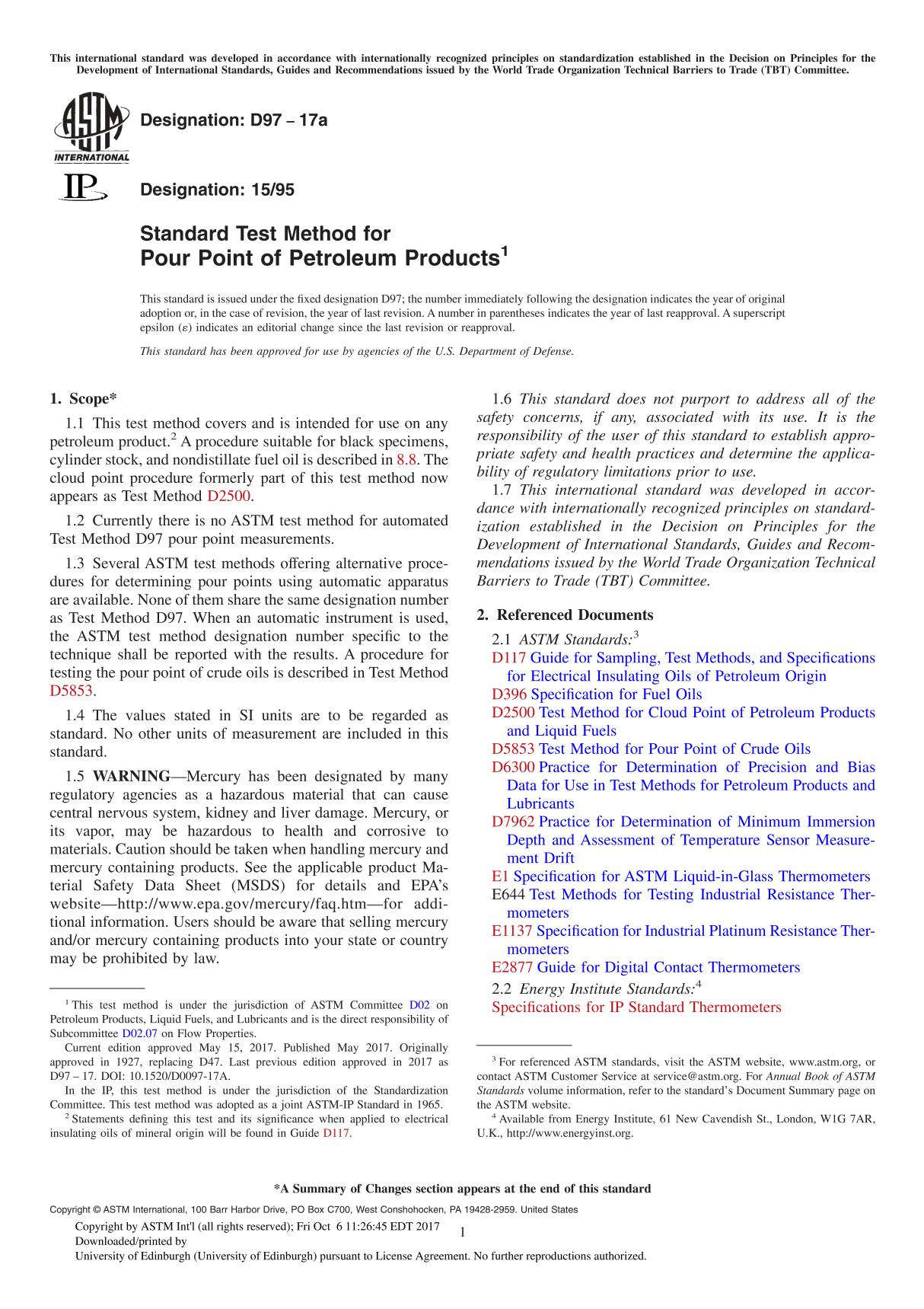 ASTM D97-17a Standard Test Method for Pour Point of Petroleum Product