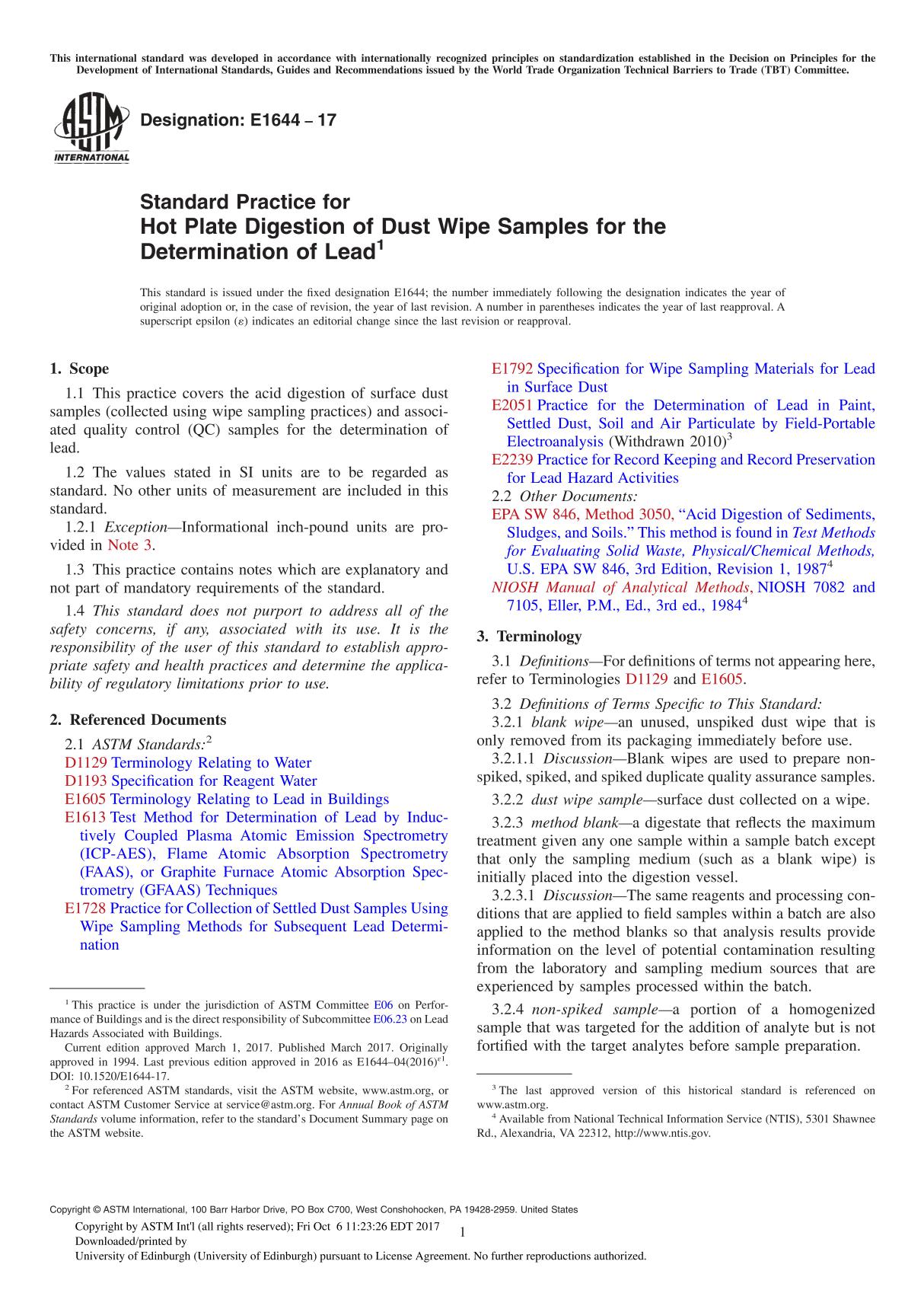 ASTM E1644-17 Standard Practice for Hot Plate Digestion of Dust Wipe Samples for the Determination of Lead