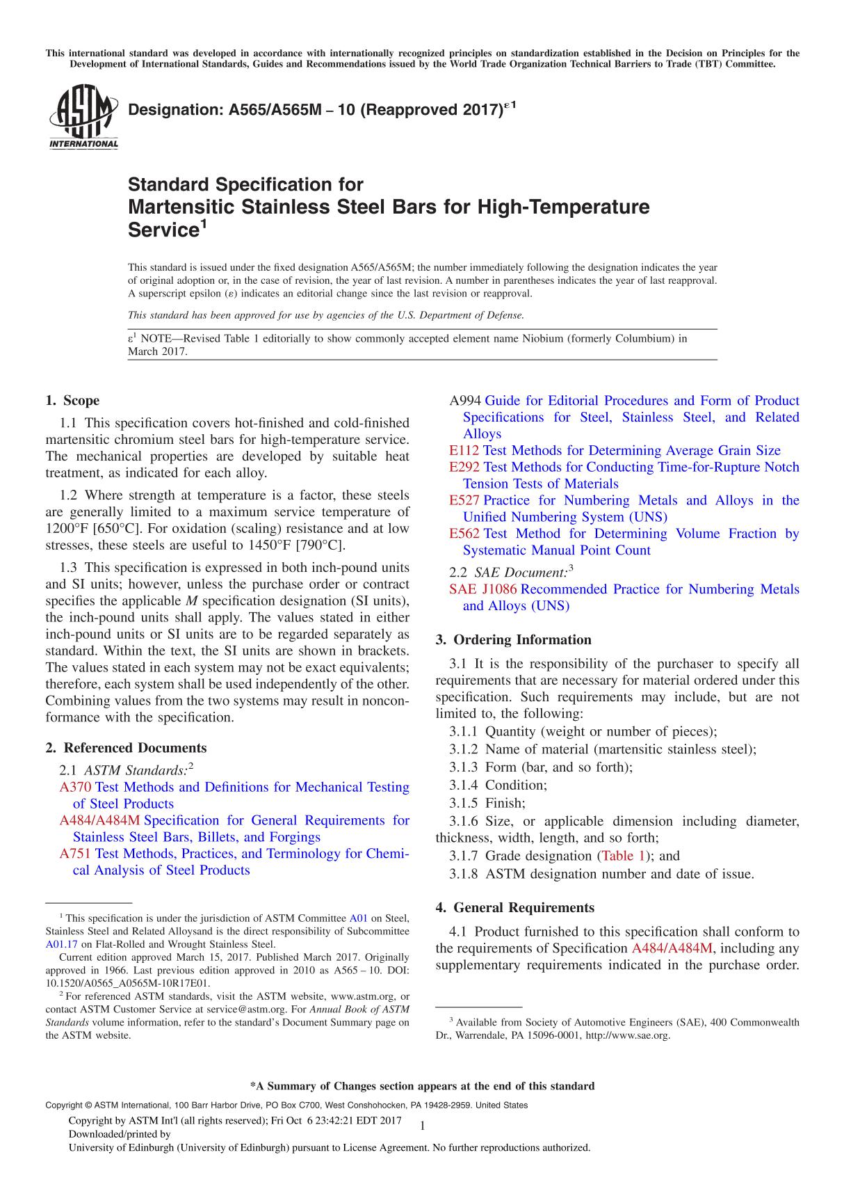 ASTM A565 A565M-10(2017)e1 Standard Specification for Martensitic Stainless Steel Bars for High-Temperature Service