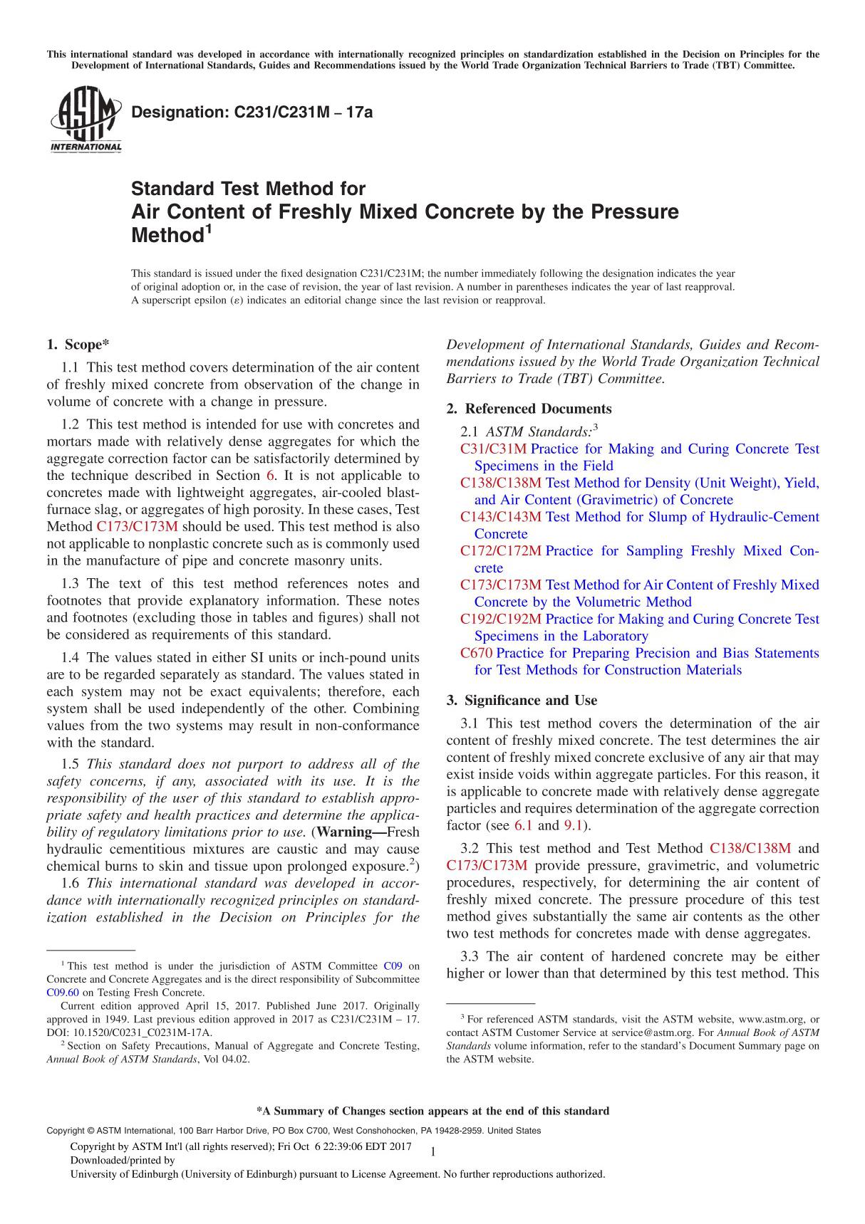 ASTM C231 C231M-17a Standard Test Method for Air Content of Freshly Mixed Concrete by the Pressure Method