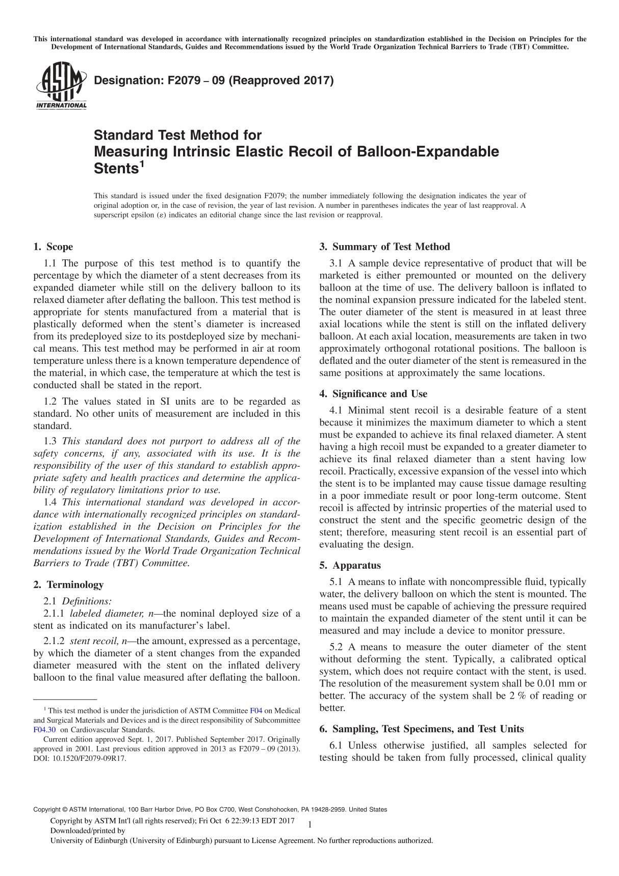 ASTM F2079-09(2017) Standard Test Method for Measuring Intrinsic Elastic Recoil of Balloon-Expandable Stent