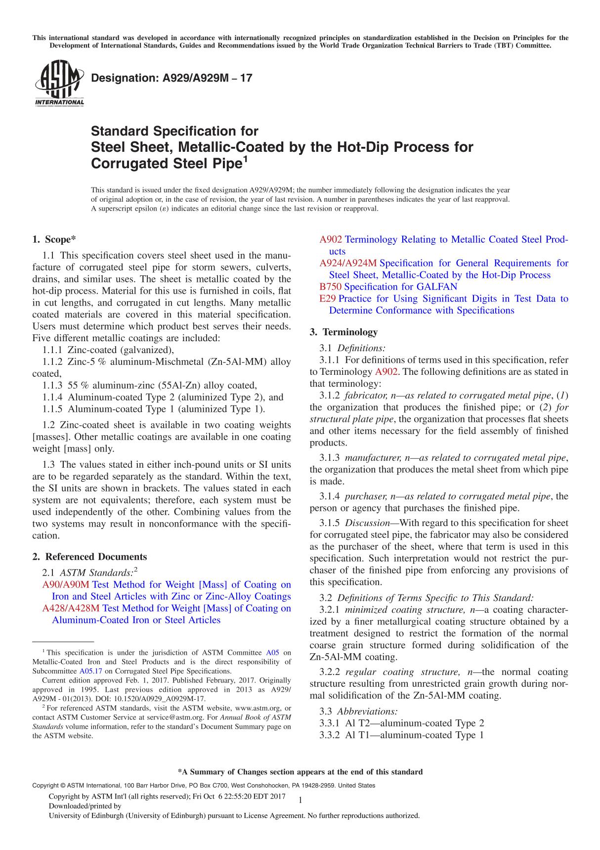 ASTM A929 A929M-17 Standard Specification for Steel Sheet, Metallic-Coated by the Hot-Dip Process for Corrugated Steel Pipe