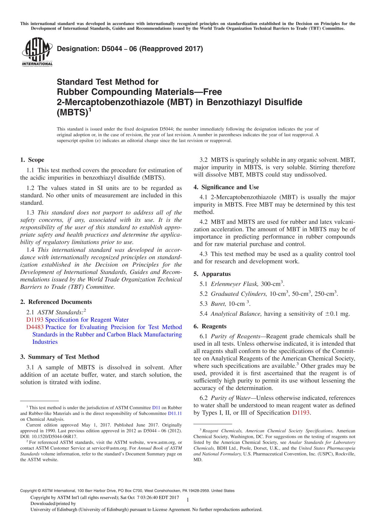 ASTM D5044-06(2017) Standard Test Method for Rubber Compounding MaterialsFree 2-Mercaptobenzothiazole (MBT) in Benzothiazyl Di