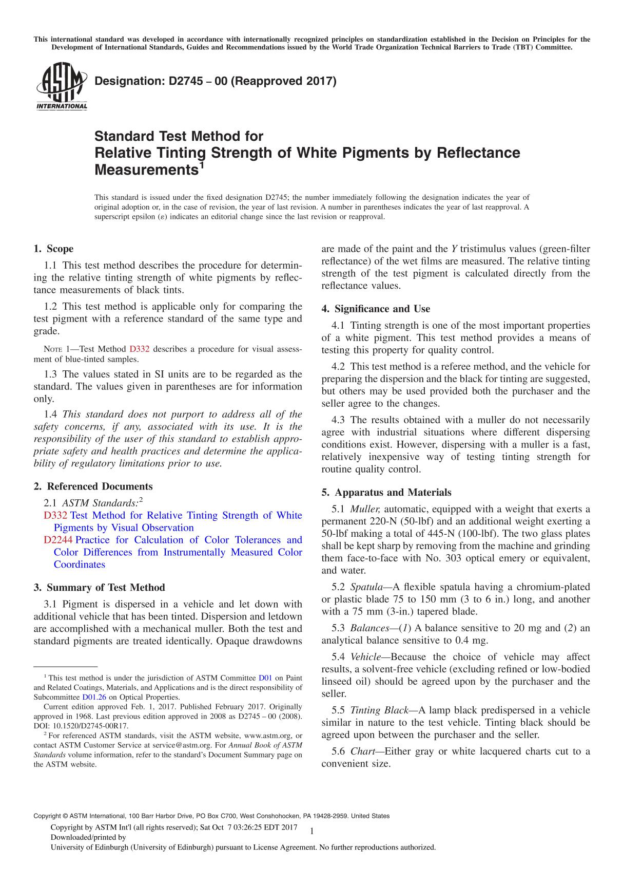 ASTM D2745-00(2017) Standard Test Method for Relative Tinting Strength of White Pigments by Reflectance Measurement