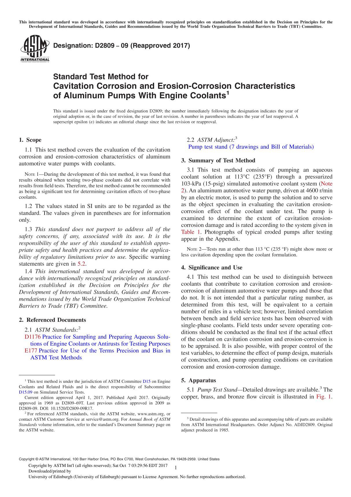 ASTM D2809-09(2017) Standard Test Method for Cavitation Corrosion and Erosion-Corrosion Characteristics of Aluminum Pumps With E