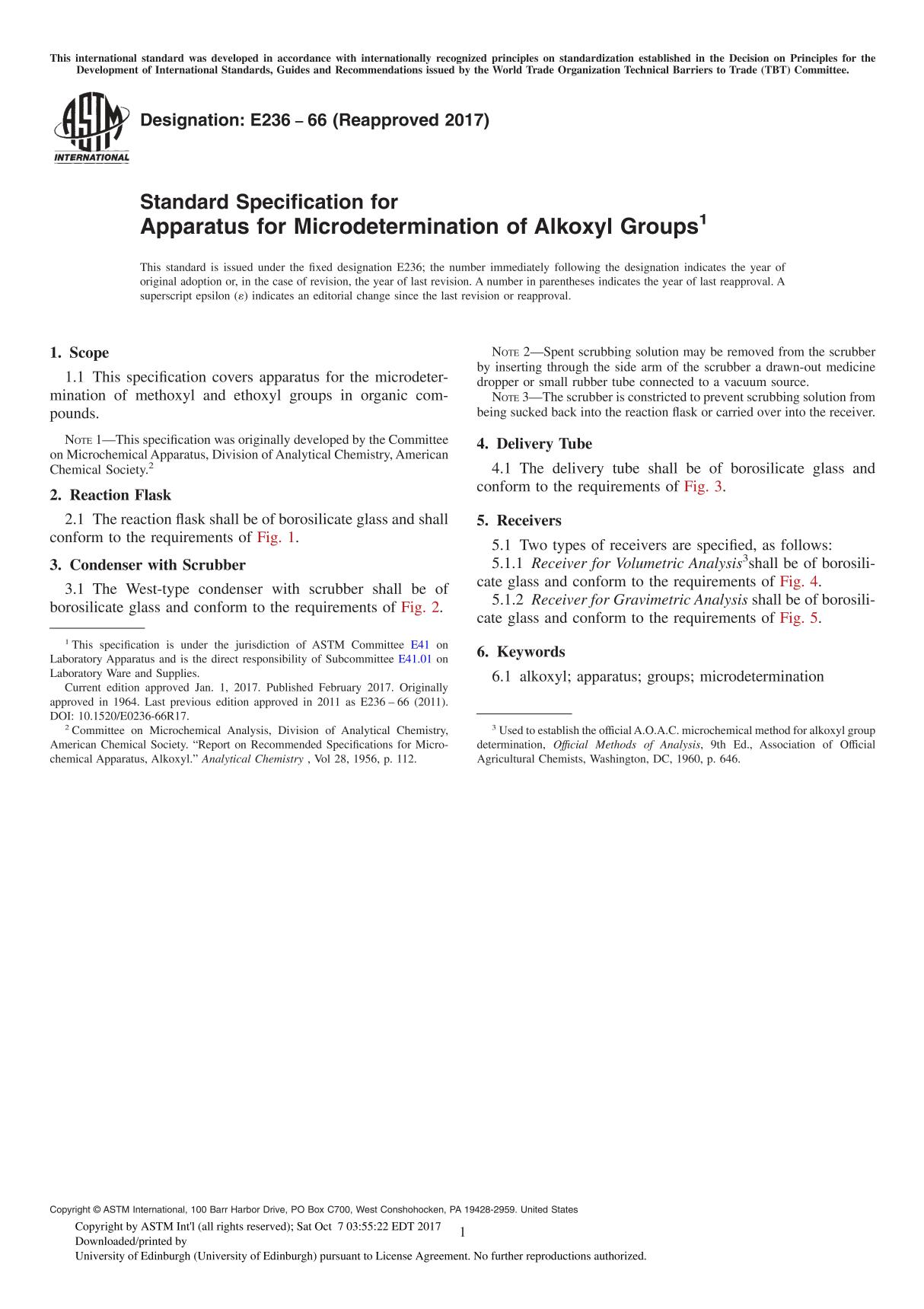 ASTM E236-66(2017) Standard Specification for Apparatus for Microdetermination of Alkoxyl Group