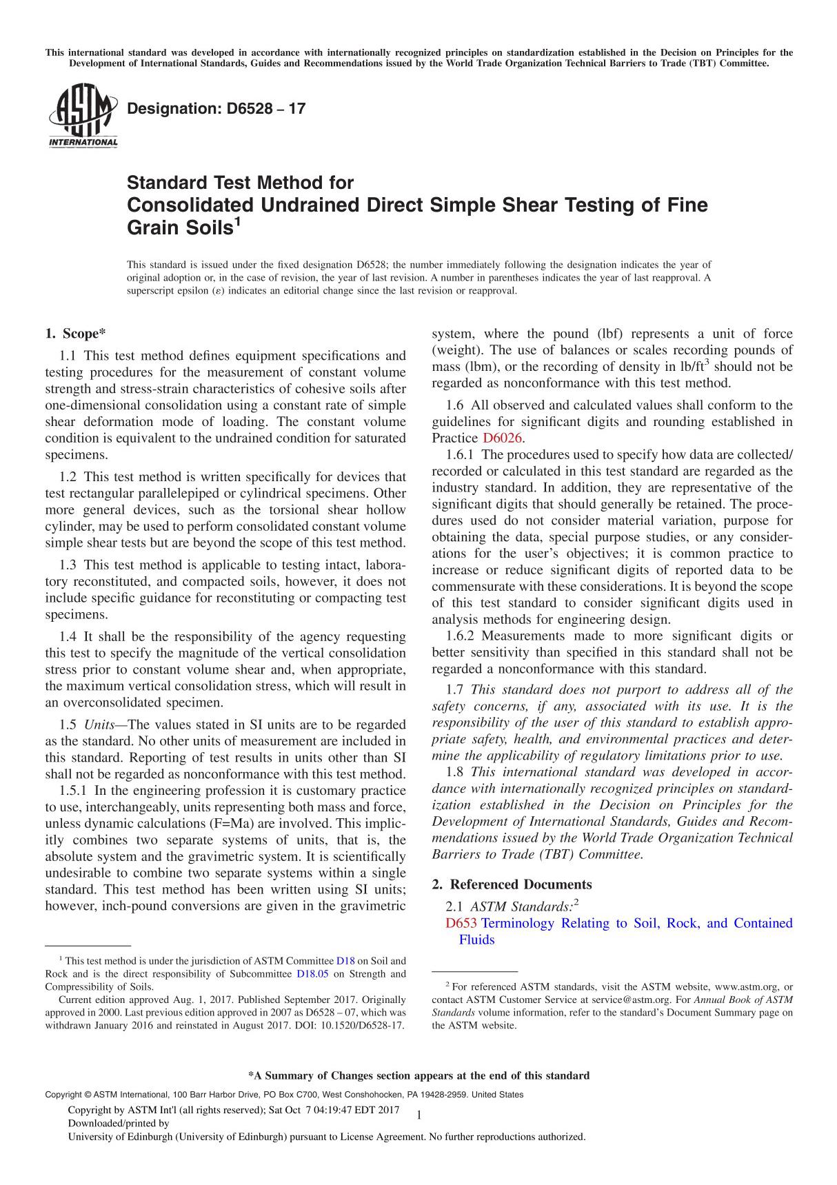 ASTM D6528-17 Standard Test Method for Consolidated Undrained Direct Simple Shear Testing of Fine Grain Soil