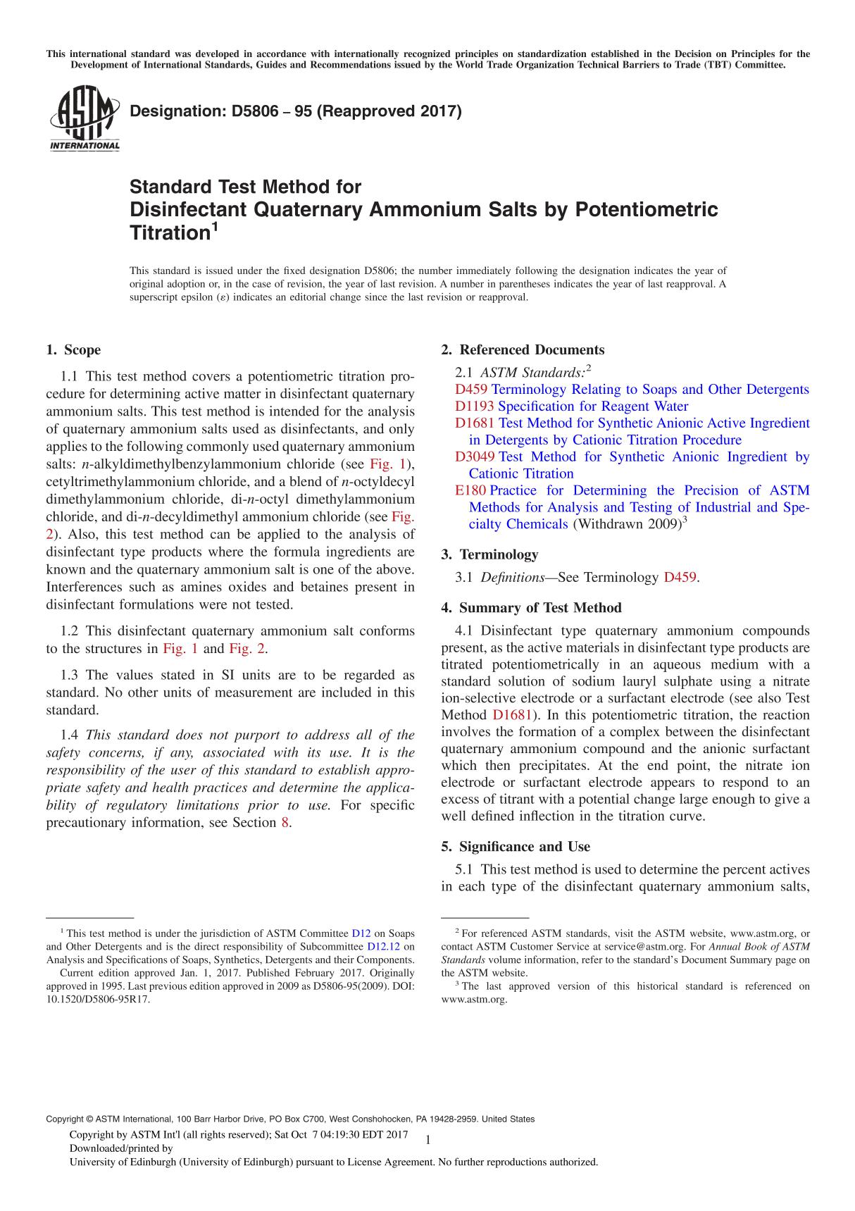 ASTM D5806-95(2017) Standard Test Method for Disinfectant Quaternary Ammonium Salts by Potentiometric Titration