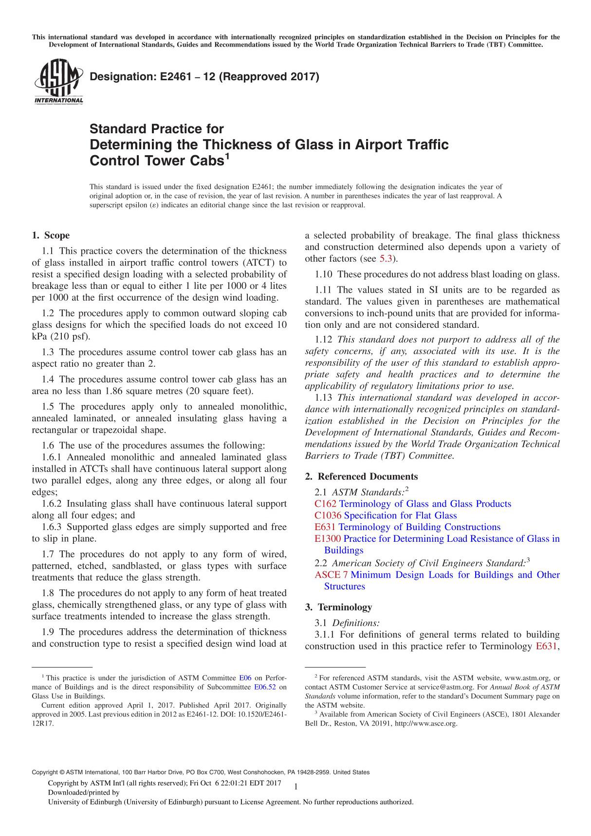 ASTM E2461-12(2017) Standard Practice for Determining the Thickness of Glass in Airport Traffic Control Tower Cab