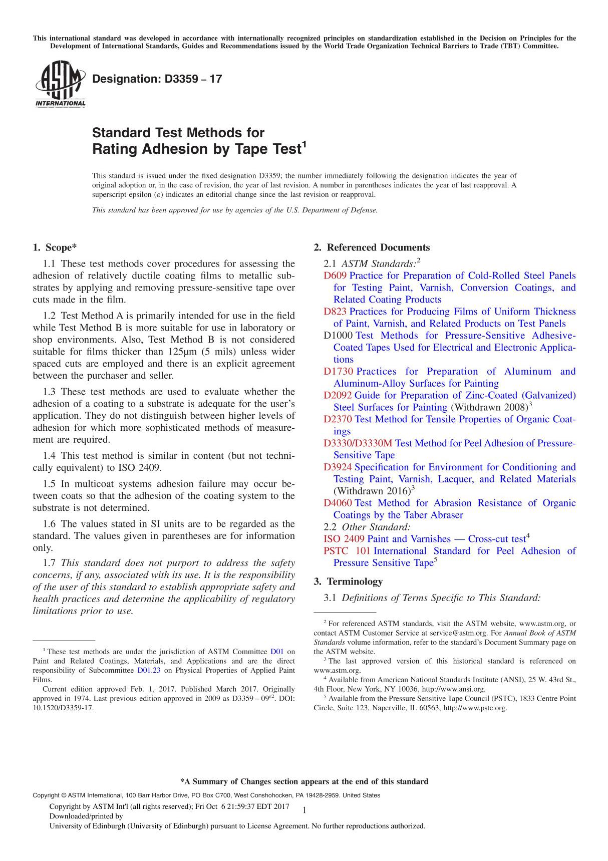 ASTM D3359-17 Standard Test Methods for Rating Adhesion by Tape Test