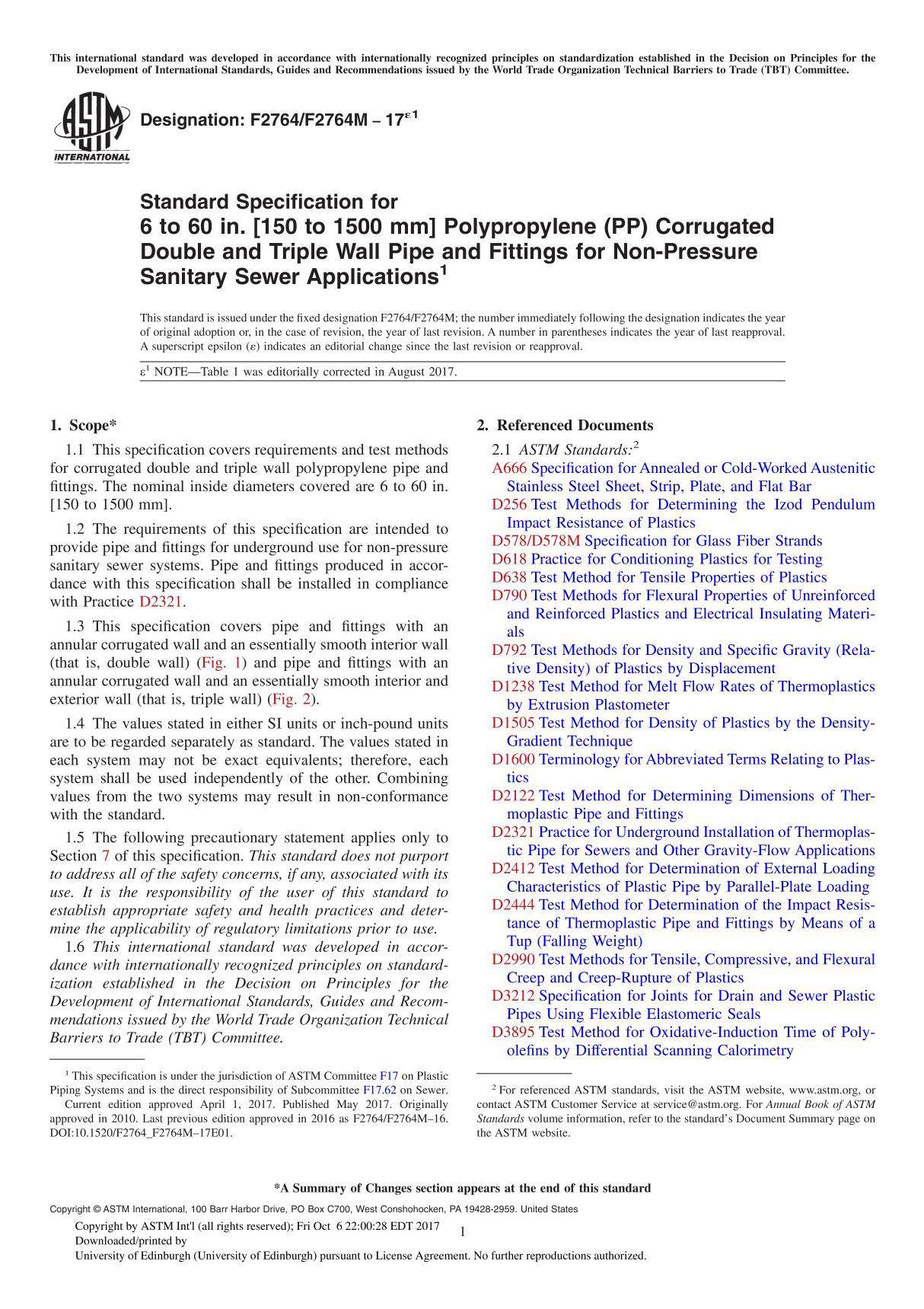 ASTM F2764 F2764M-17e1 Standard Specification for 6 to 60 in. (150 to 1500 mm) Polypropylene (PP) Corrugated Double and Triple W