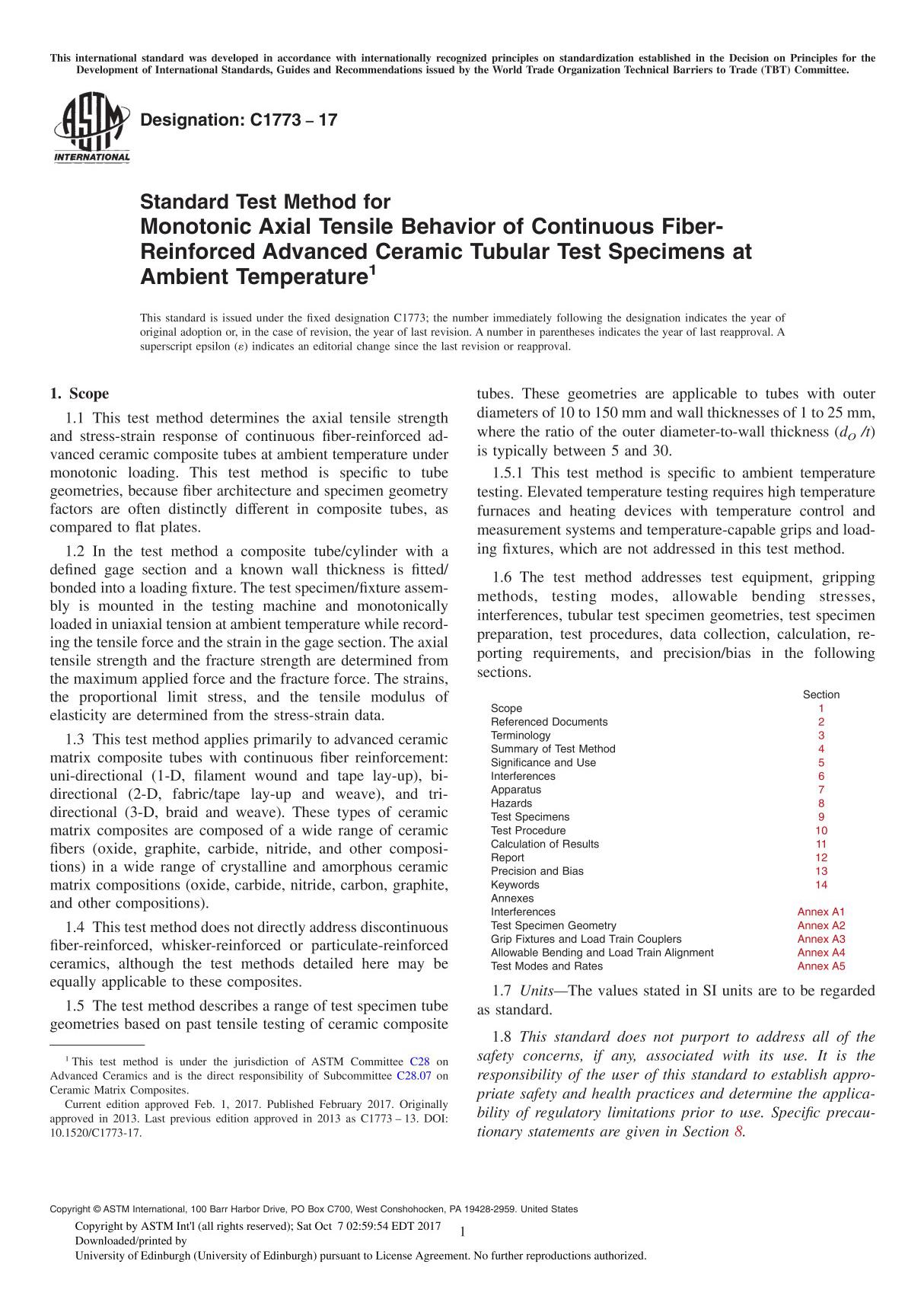 ASTM C1773-17 Standard Test Method for Monotonic Axial Tensile Behavior of Continuous Fiber-Reinforced Advanced Ceramic Tubular