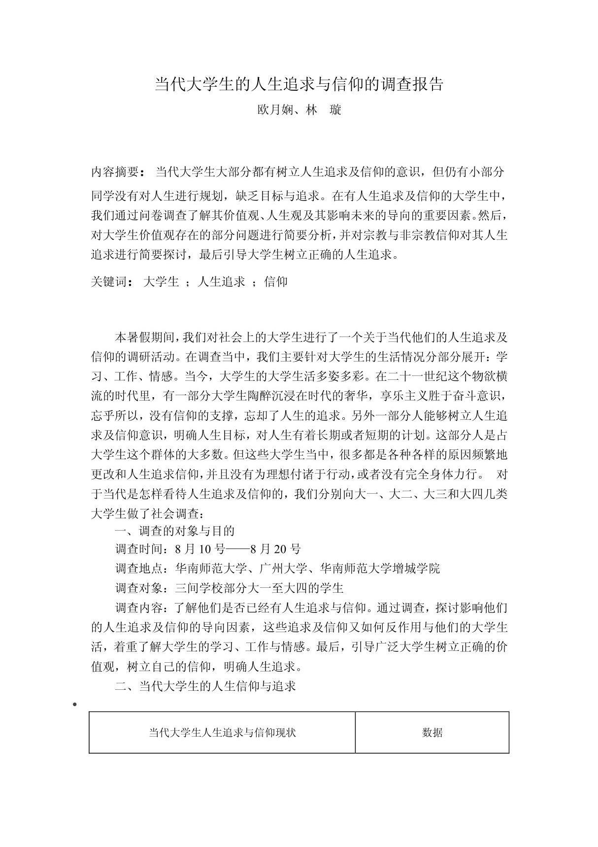 当代大学生的人生追求与信仰的调查报告