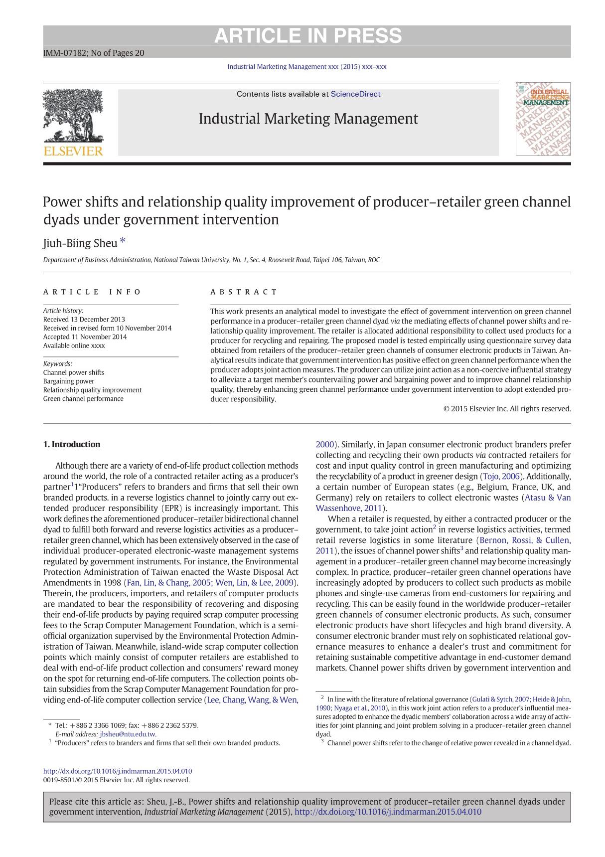 Power shifts and relationship quality improvement of producer–retailer green channel dyads under government intervention