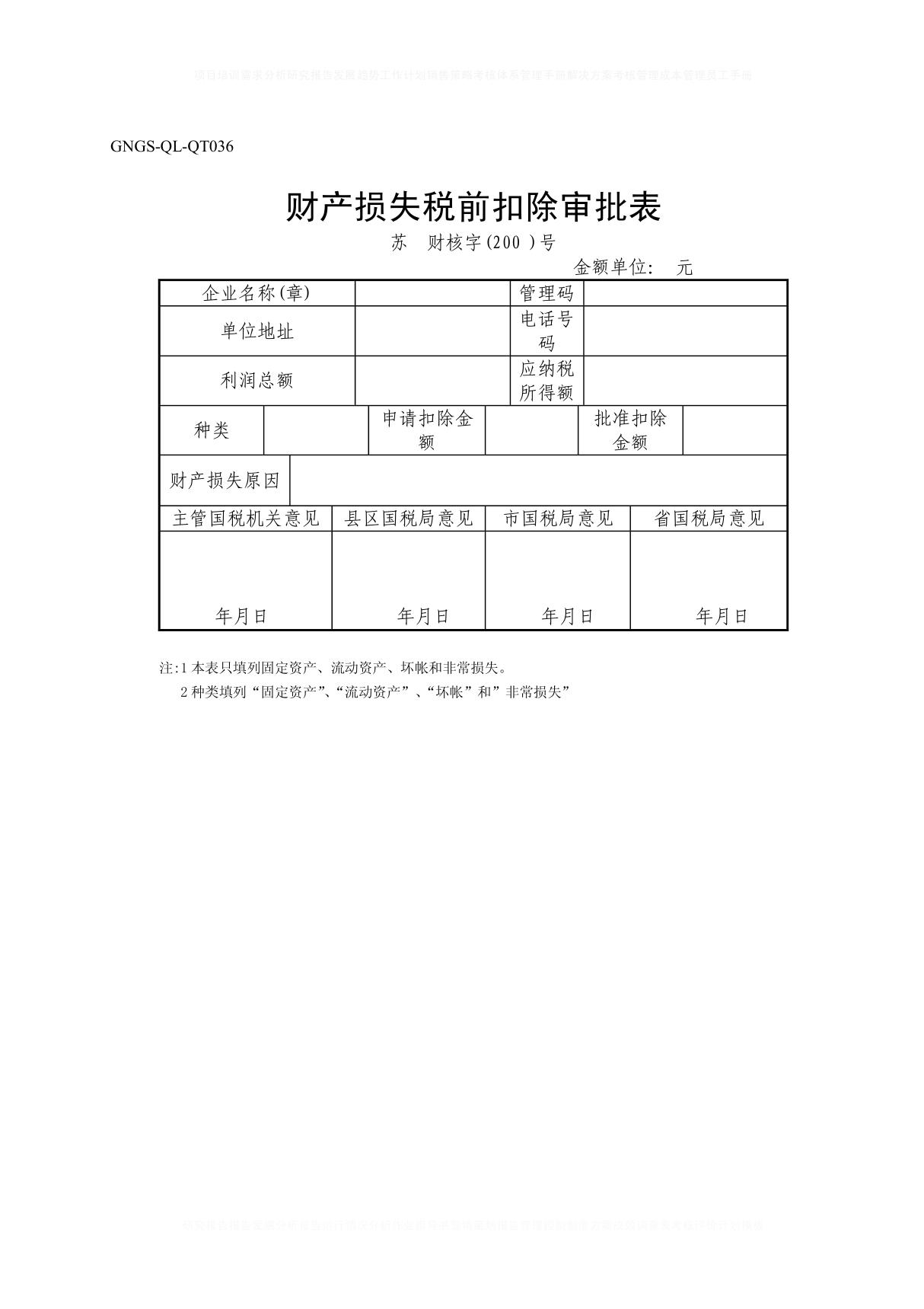 财产损失税前扣除审批表