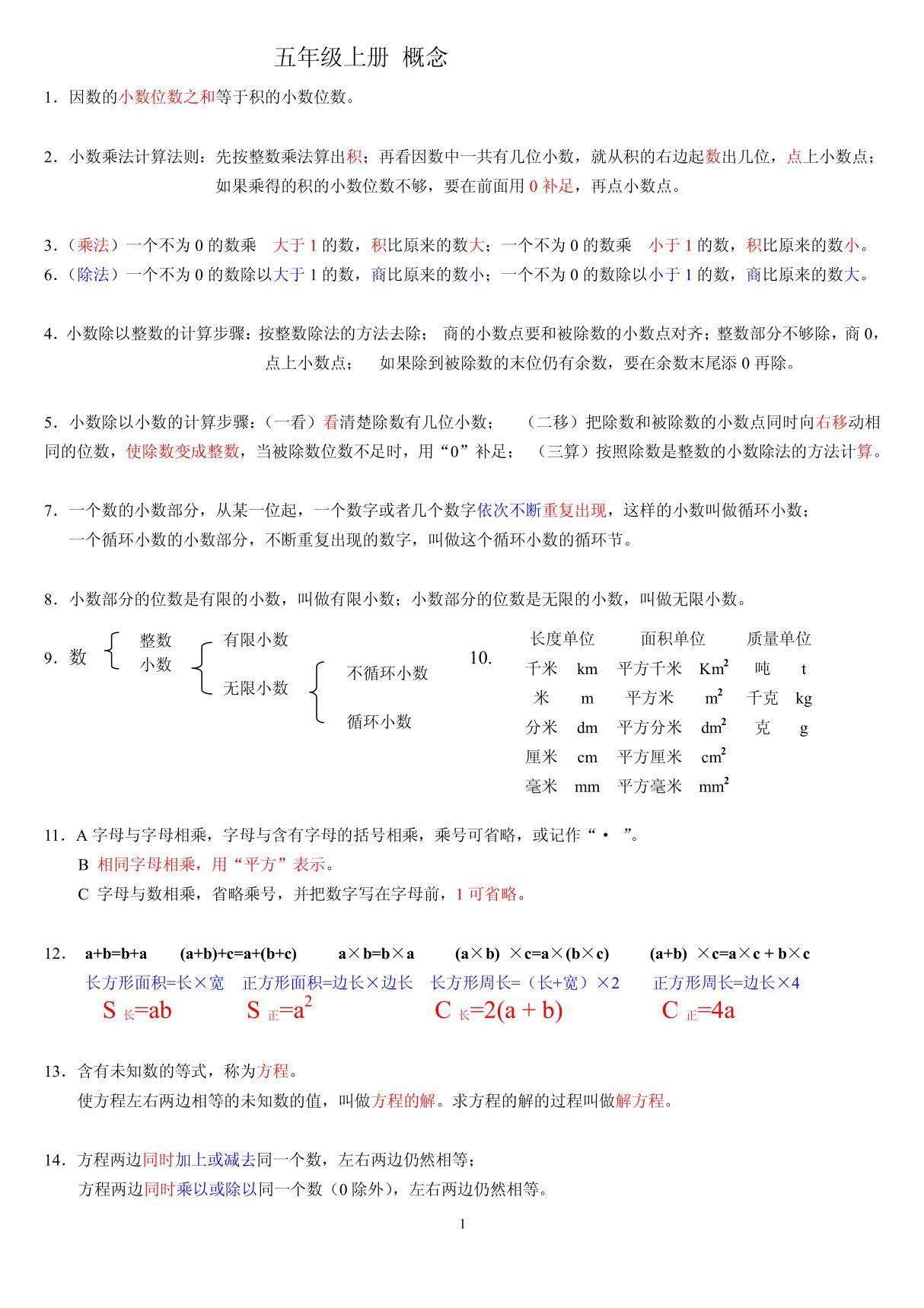 人教版五年级上册数学知识点归纳