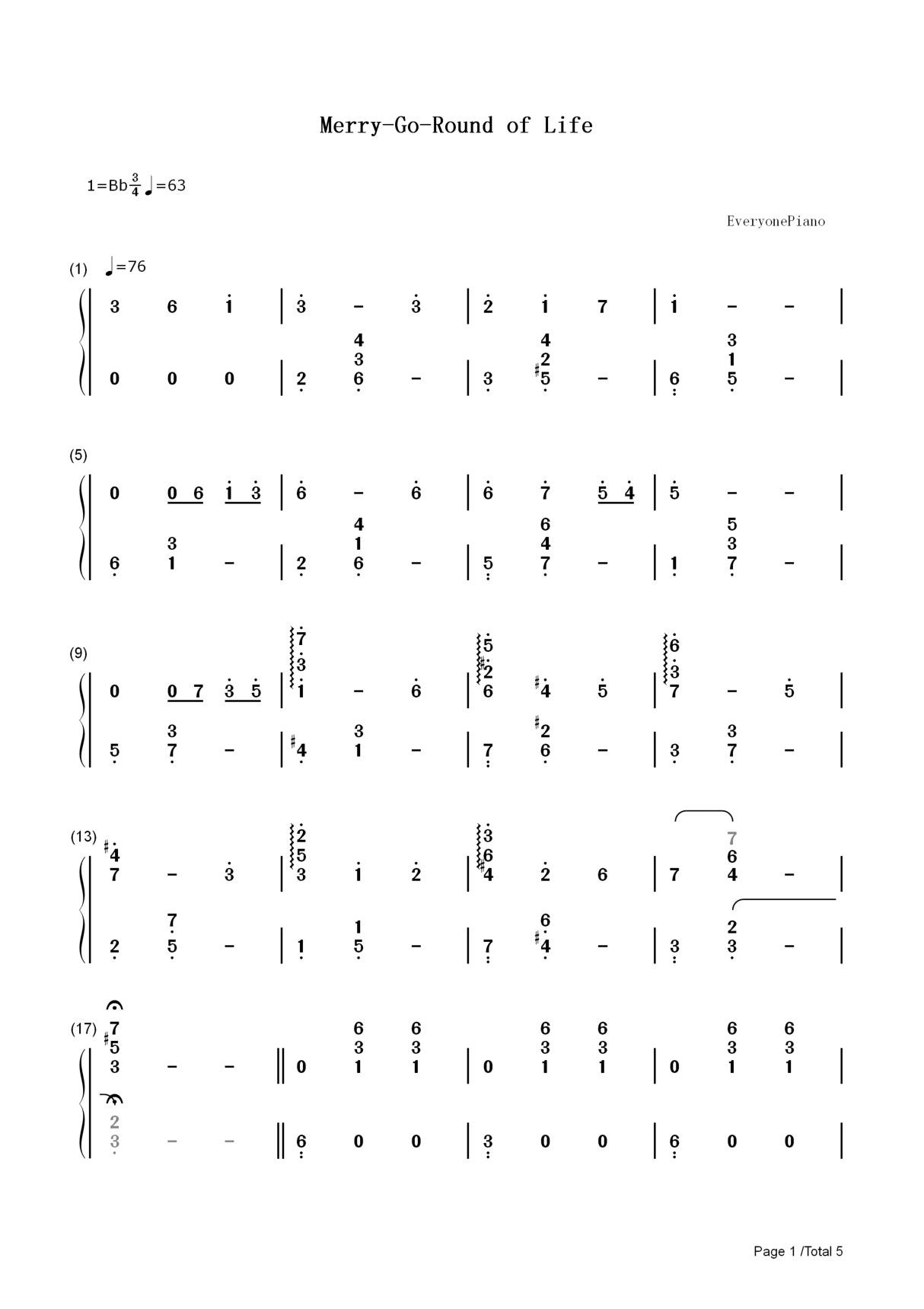 钢琴谱 Merry-Go-Round of Life-哈尔的移动城堡主题曲 双手简谱 共5张(全)