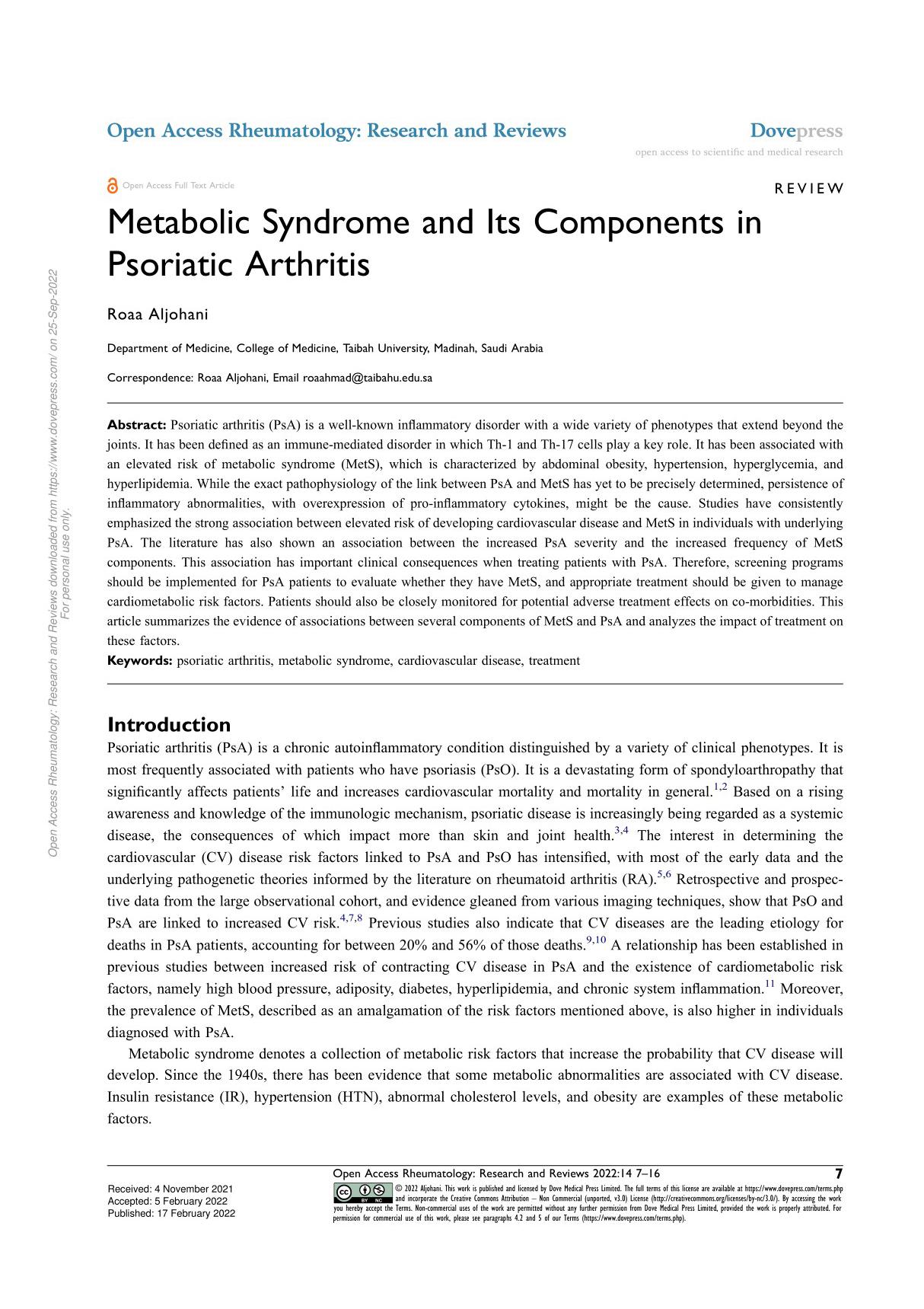 Metabolic Syndrome and Its Components in Psoriatic Arthritis 2022 Roaa Aljohani