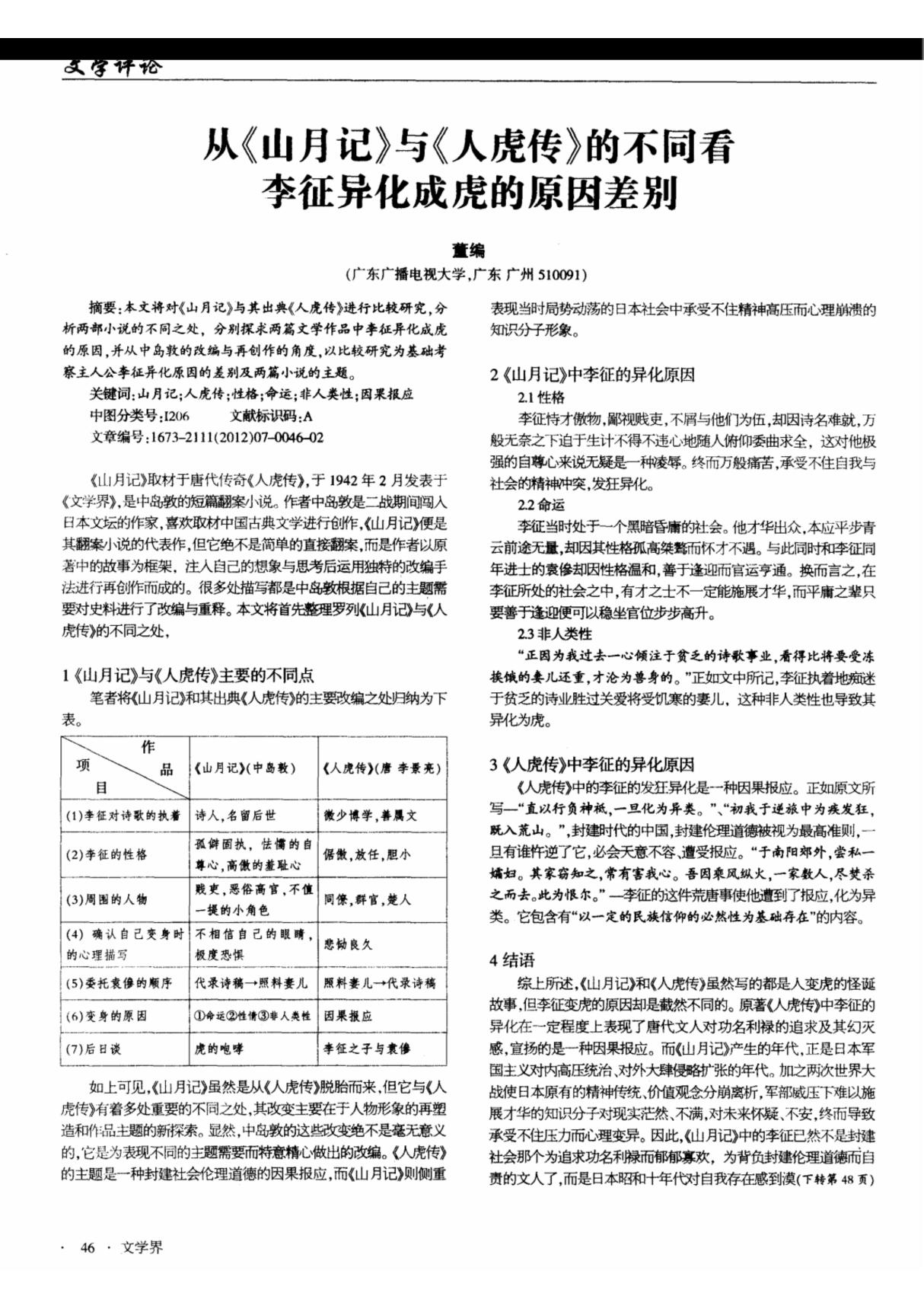 从《山月记》与《人虎传》的不同看李征异化成虎的原因差别