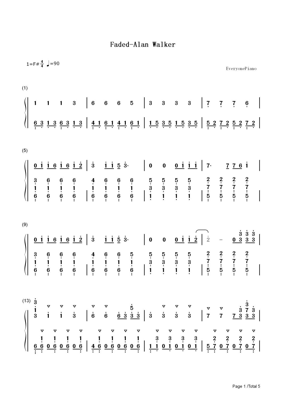钢琴谱 Faded-Alan Walker 双手简谱 共5张(全)